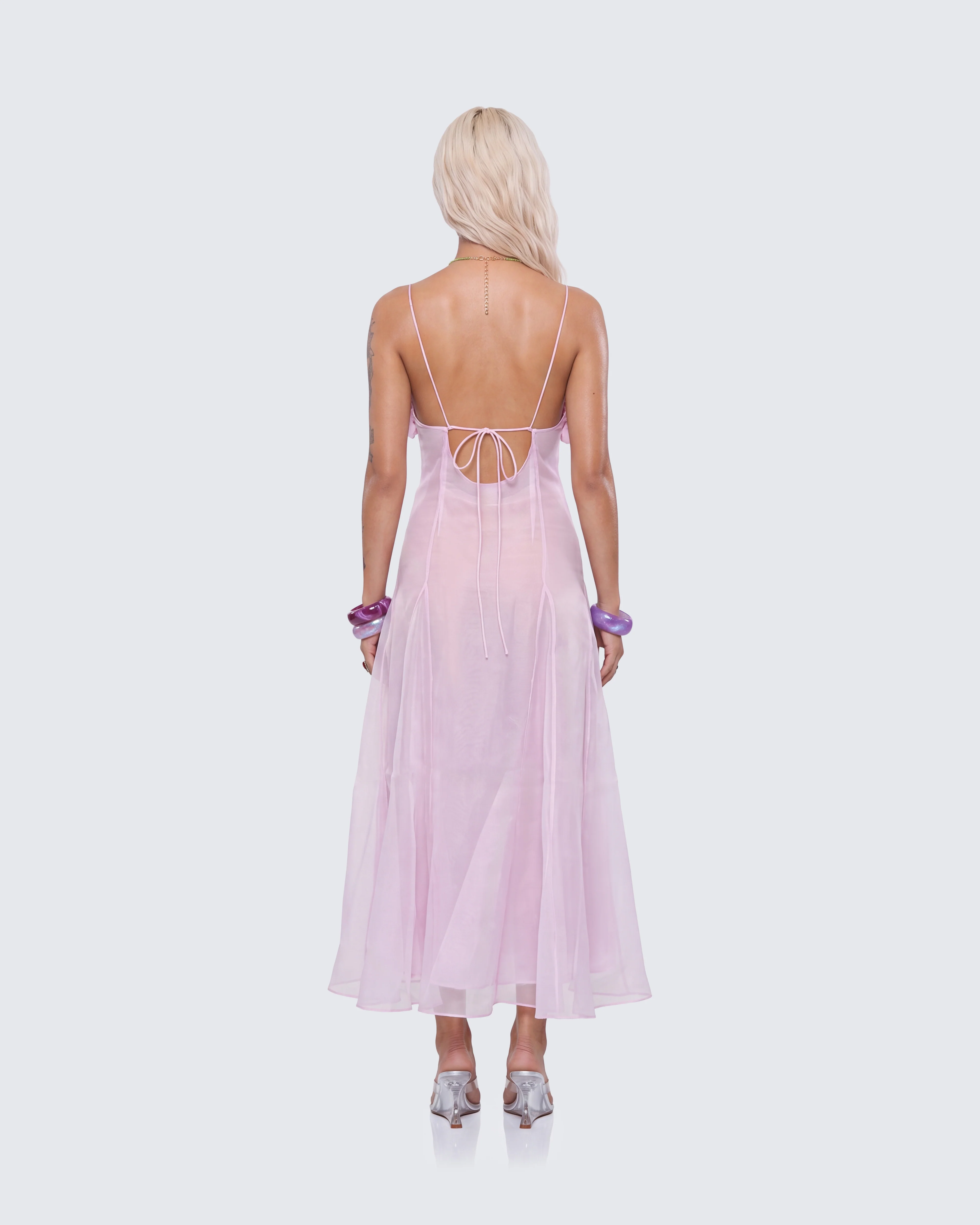 Glena Pink Sheer Godet Midi Dress