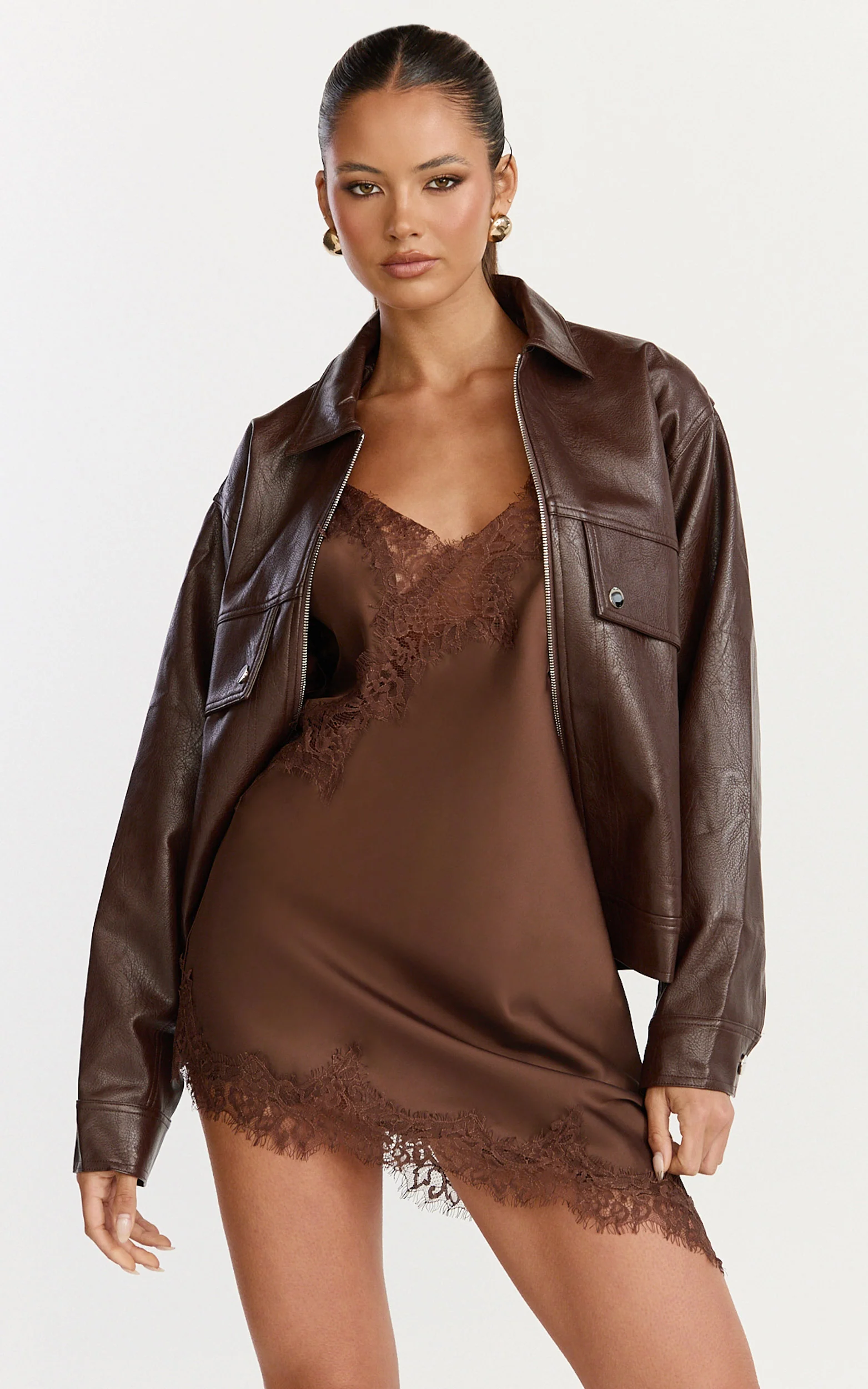 Iris Mini Dress - Lace Trim Asymmetrical Camisole Dress in Chocolate