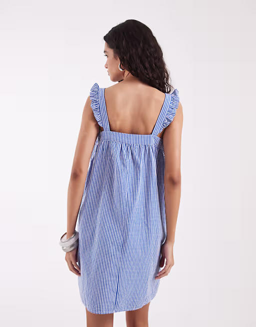 ONLY mini cheesecloth shift dress with frill sleeve detail in blue gingham