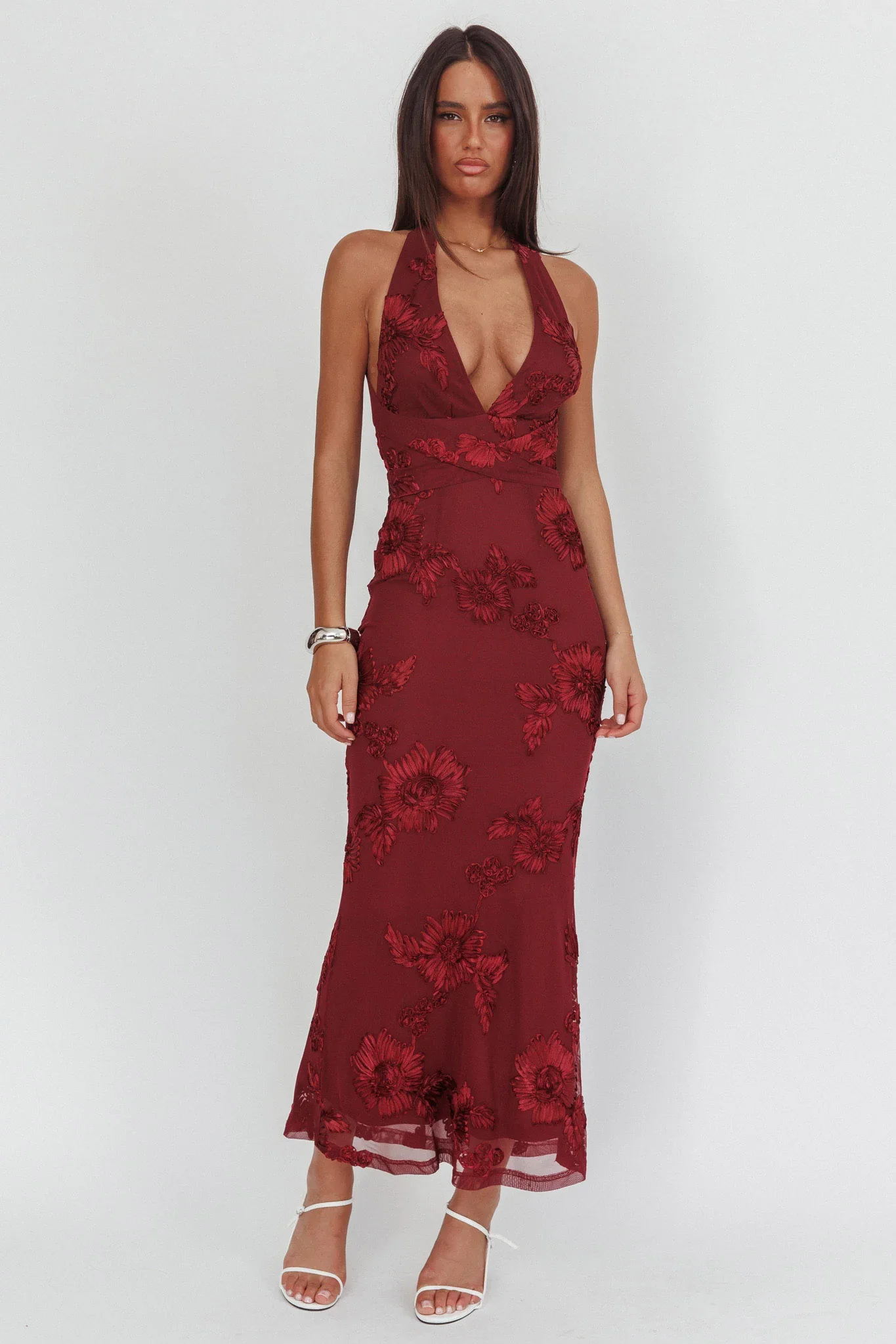 Cipriana Backless Halter Maxi Dress Embellished Wine