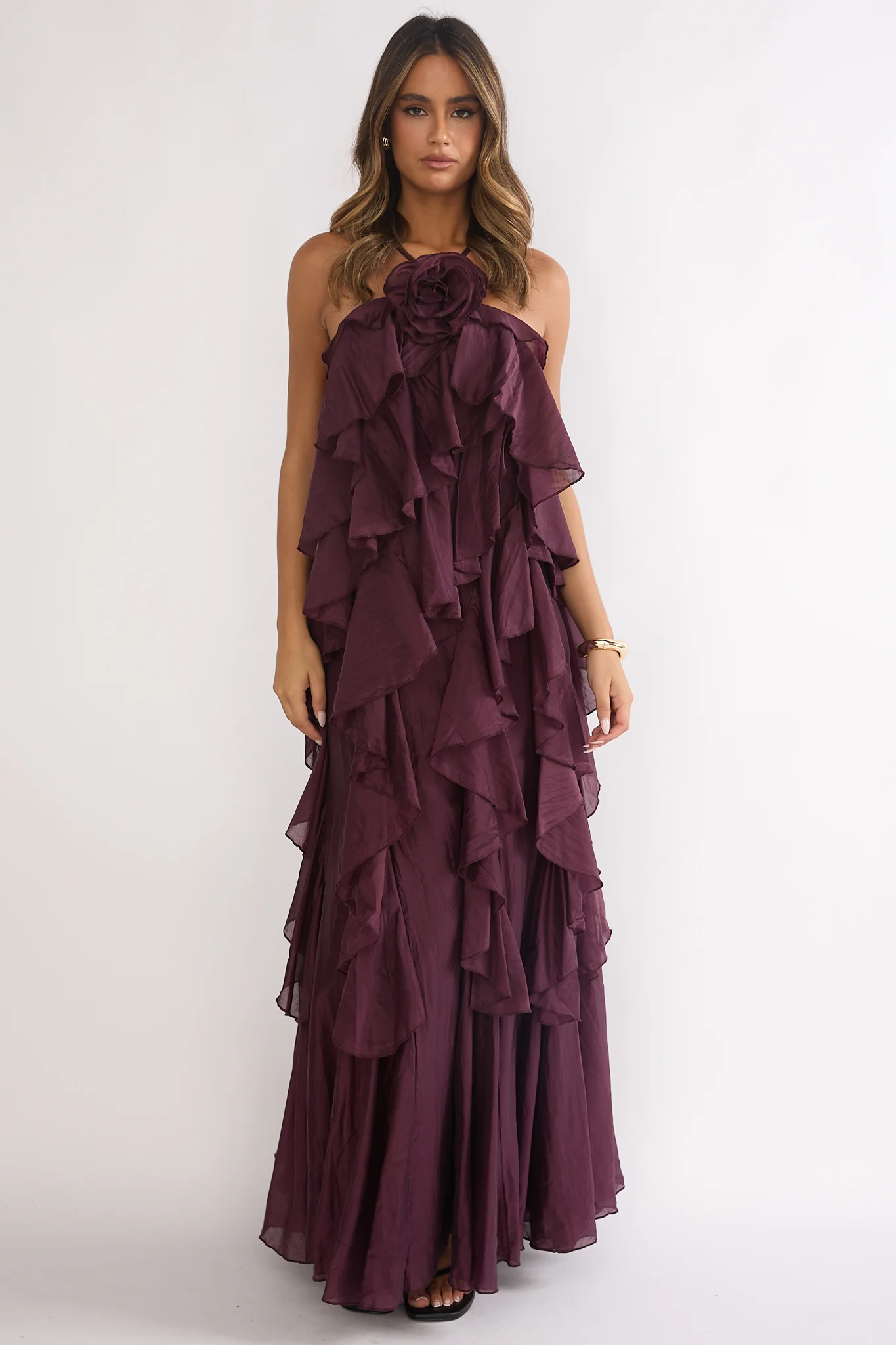 Secret Rendezvous Layered Ruffle Maxi Dress Maroon