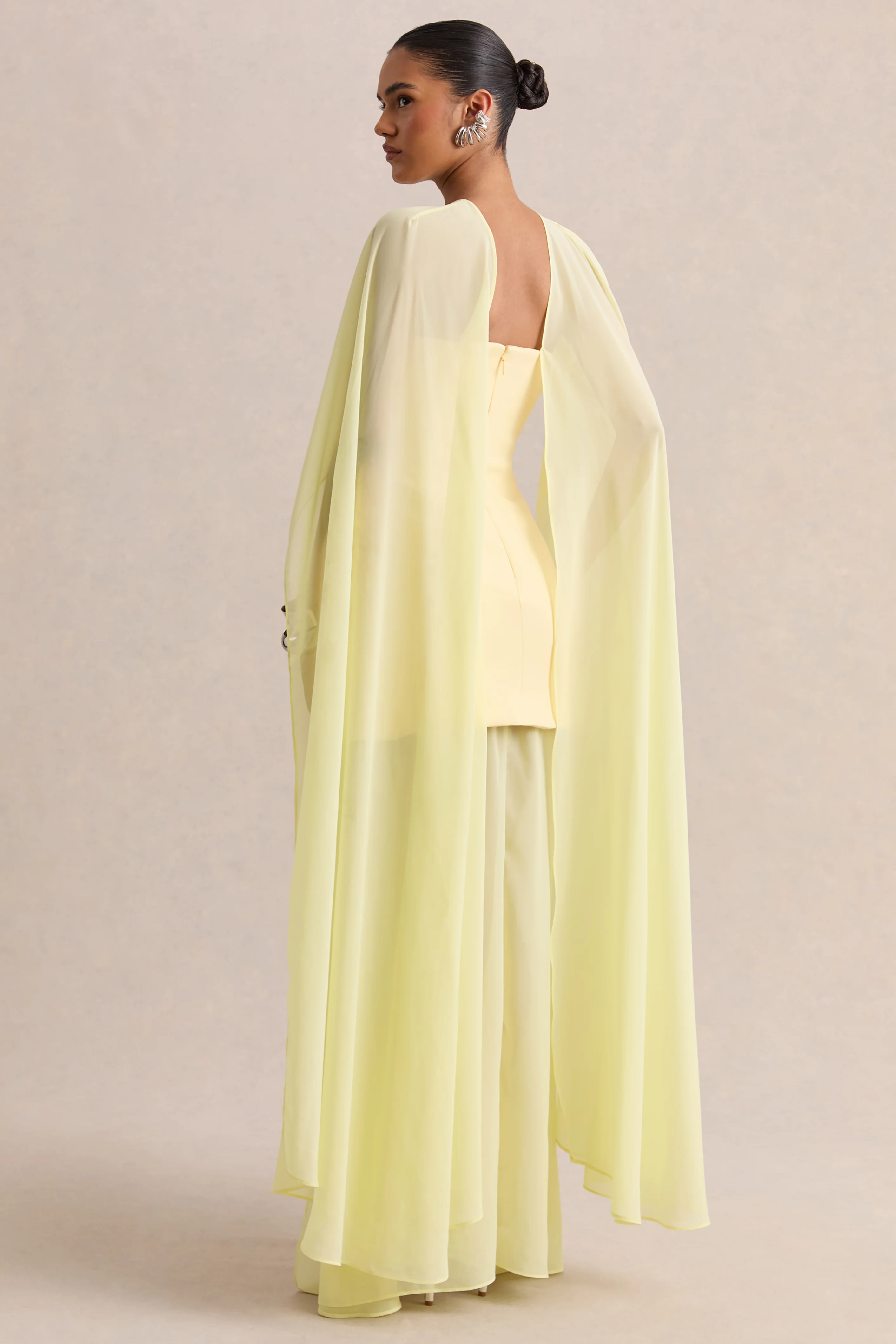 Chessa | Lemon Boat-Neck Maxi Dress With Sheer Cape