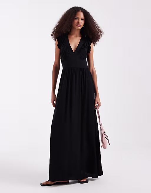 Vero Moda Easy Joy ruffle shoulder plunge front midi dress in black