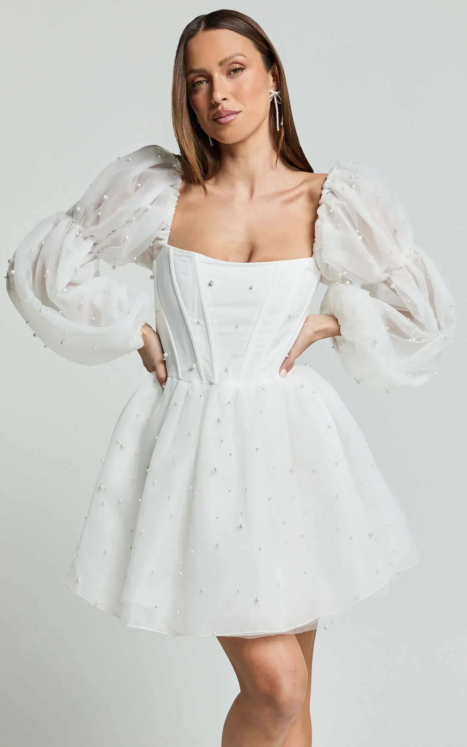 Ingrid Mini Dress - Long Puff Sleeve Pearl Detail Dress in White