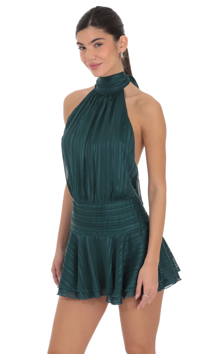 Shimmer Mock Neck Halter Dress in Green - luluinthesky