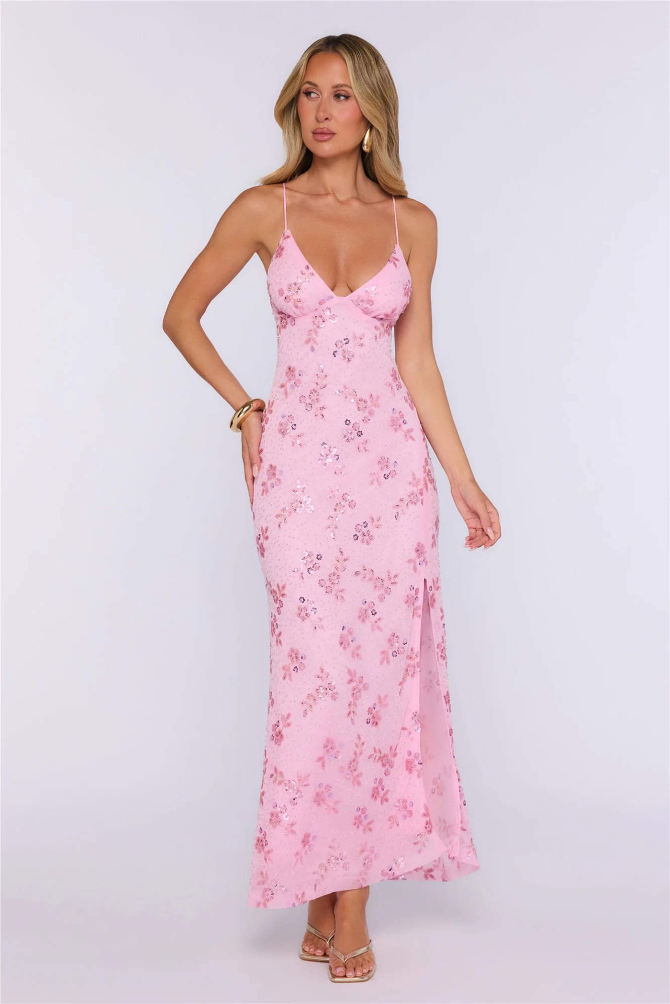 Stay Magnetic Mesh Beaded Maxi Dress Pink