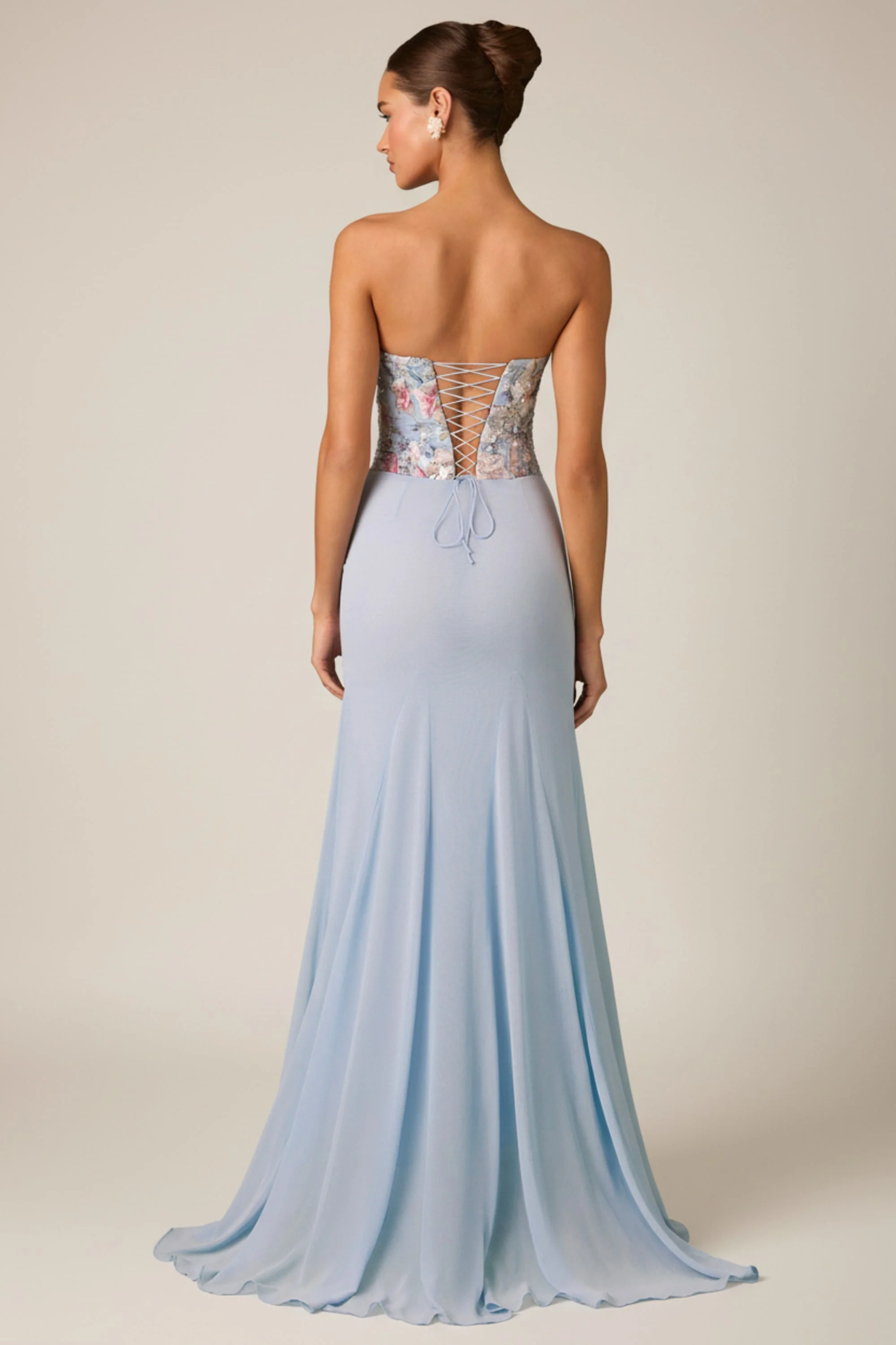 Embellished Corset Fishtail Gown in Floral Blue
