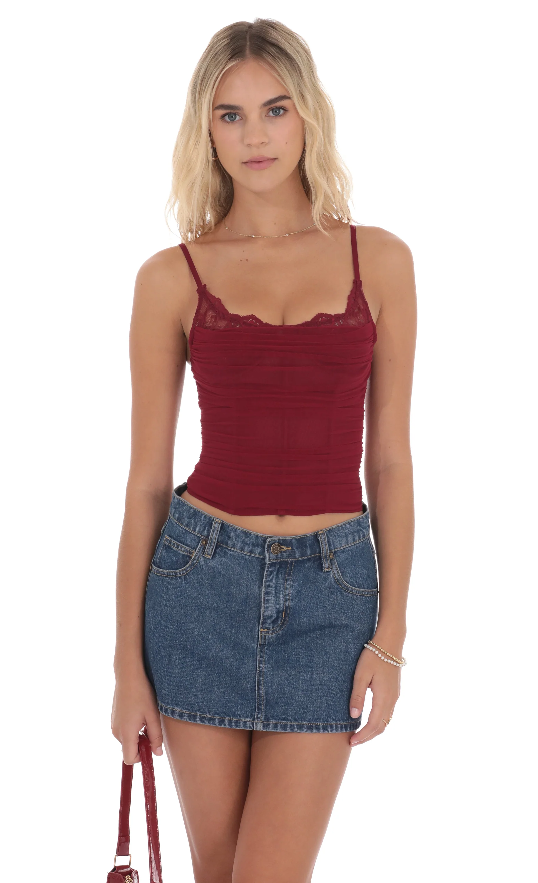 Sheer Mesh Corset Top in Maroon