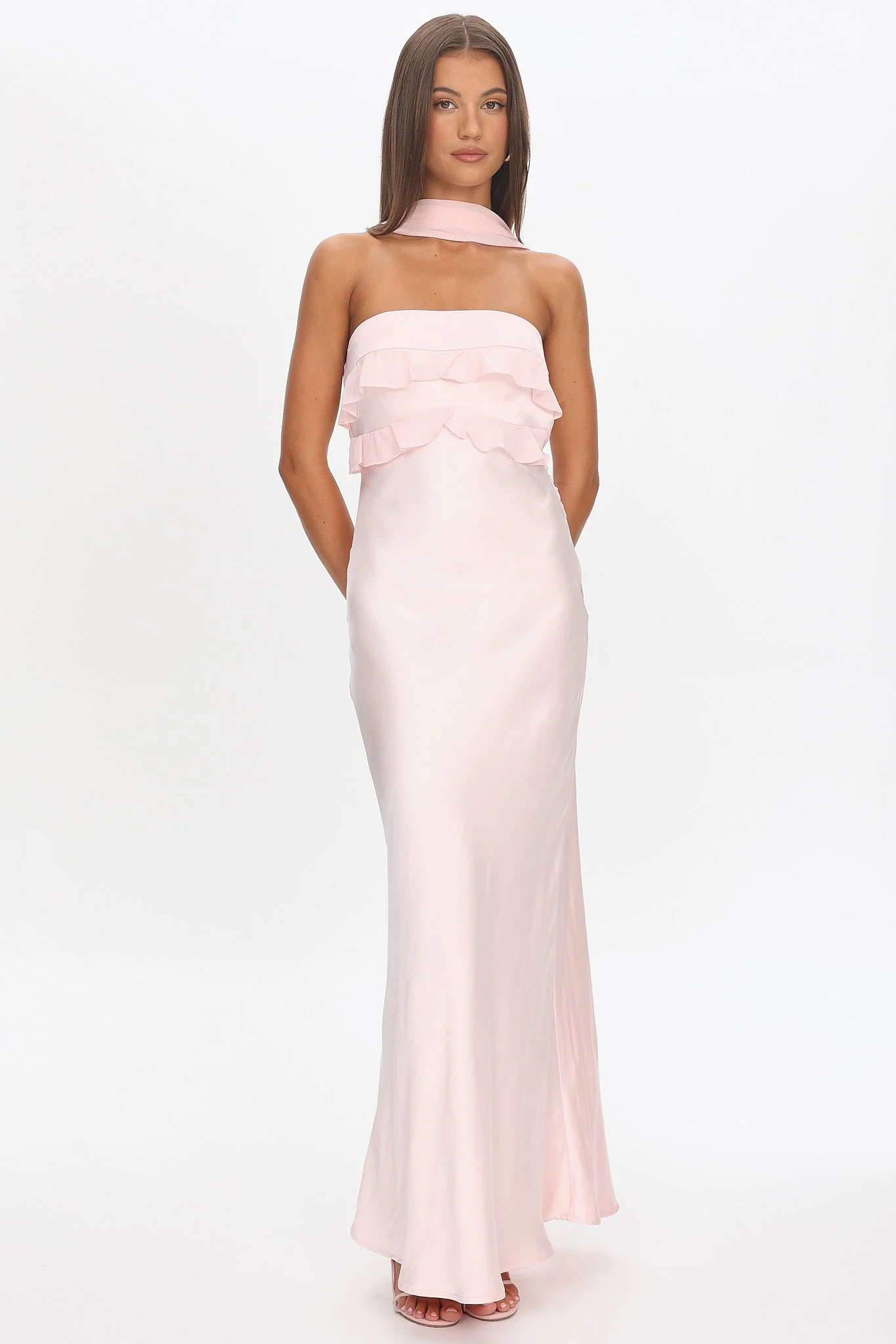 Damsel Reverse Halter Frill Trim Maxi Dress Blush