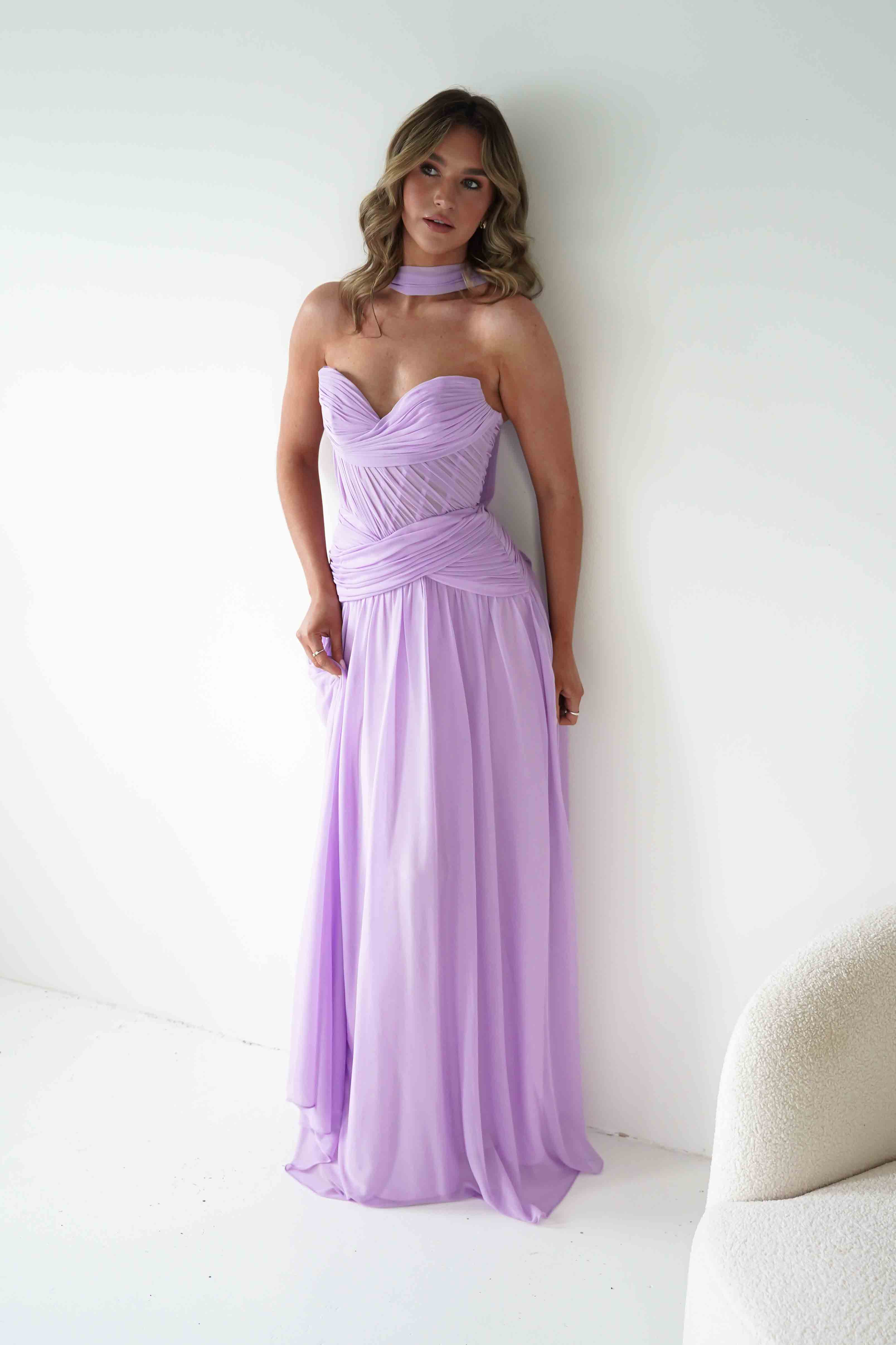 Nicolette Strapless Chiffon Maxi Gown | Lavender