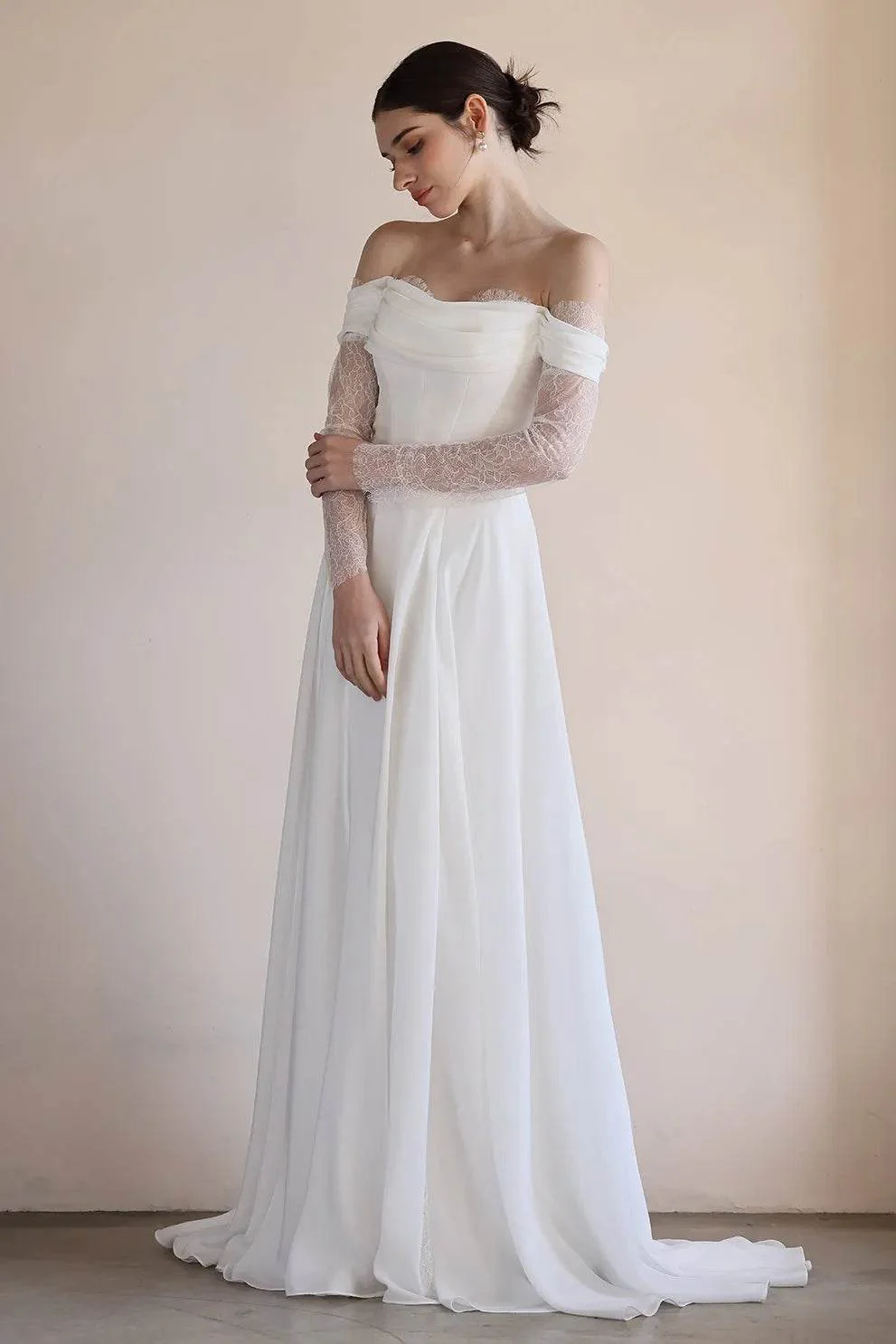 A-Line Sweep-Brush Train Lace Chiffon Wedding Dress CW3546