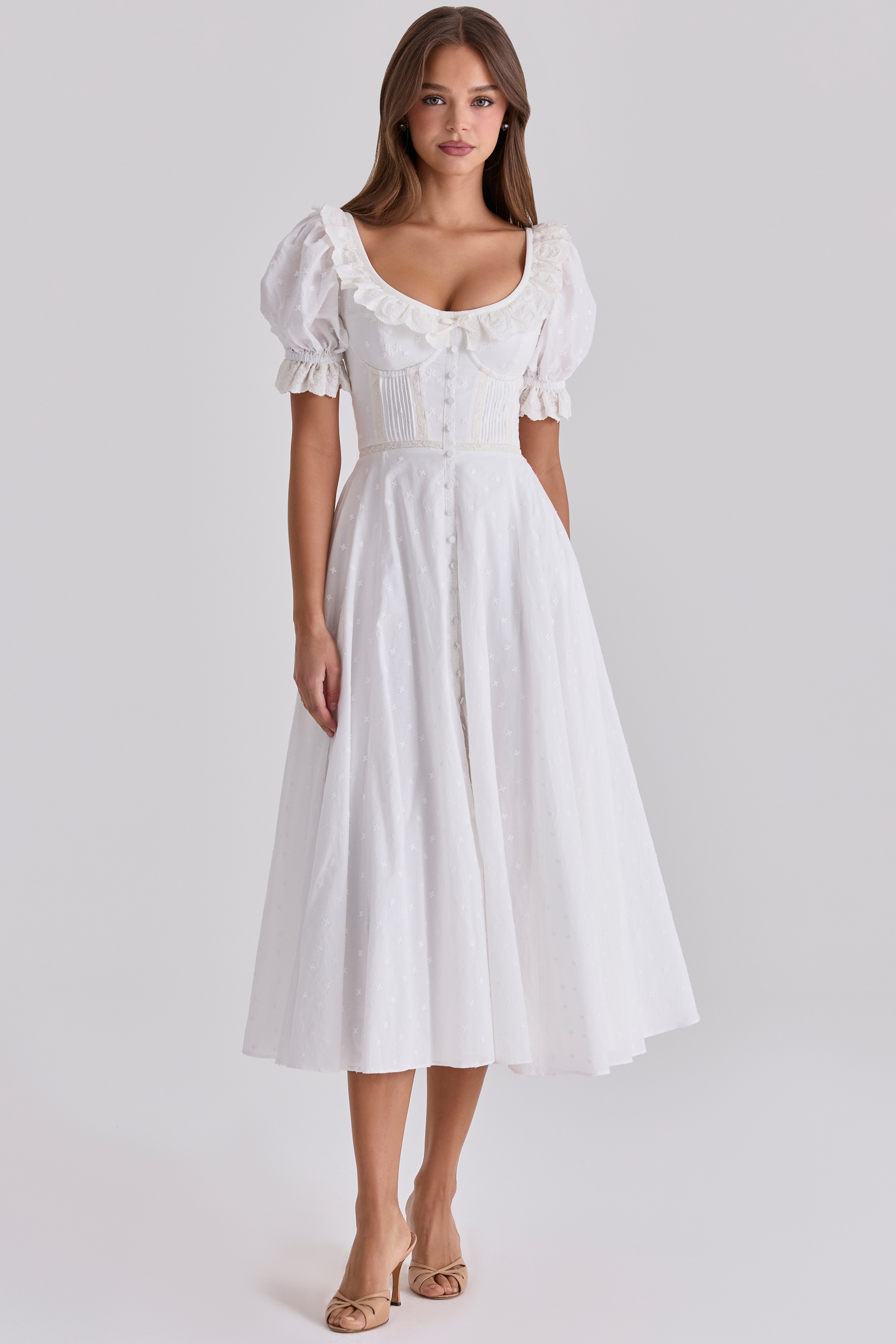 white broderie anglais babydoll midi dress