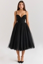 black tulle ruched bodice midi dress - sale