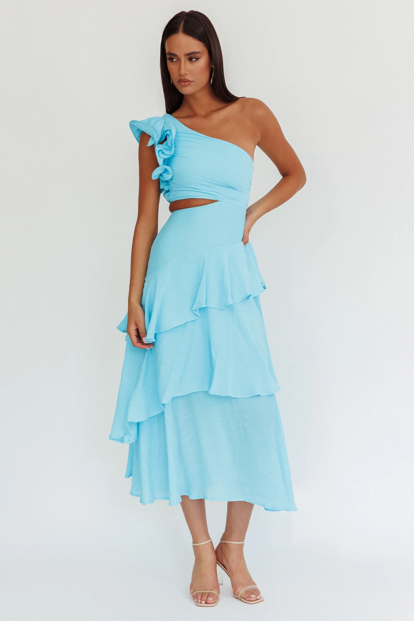 Deanna One-Shoulder Tiered Maxi Dress Blue