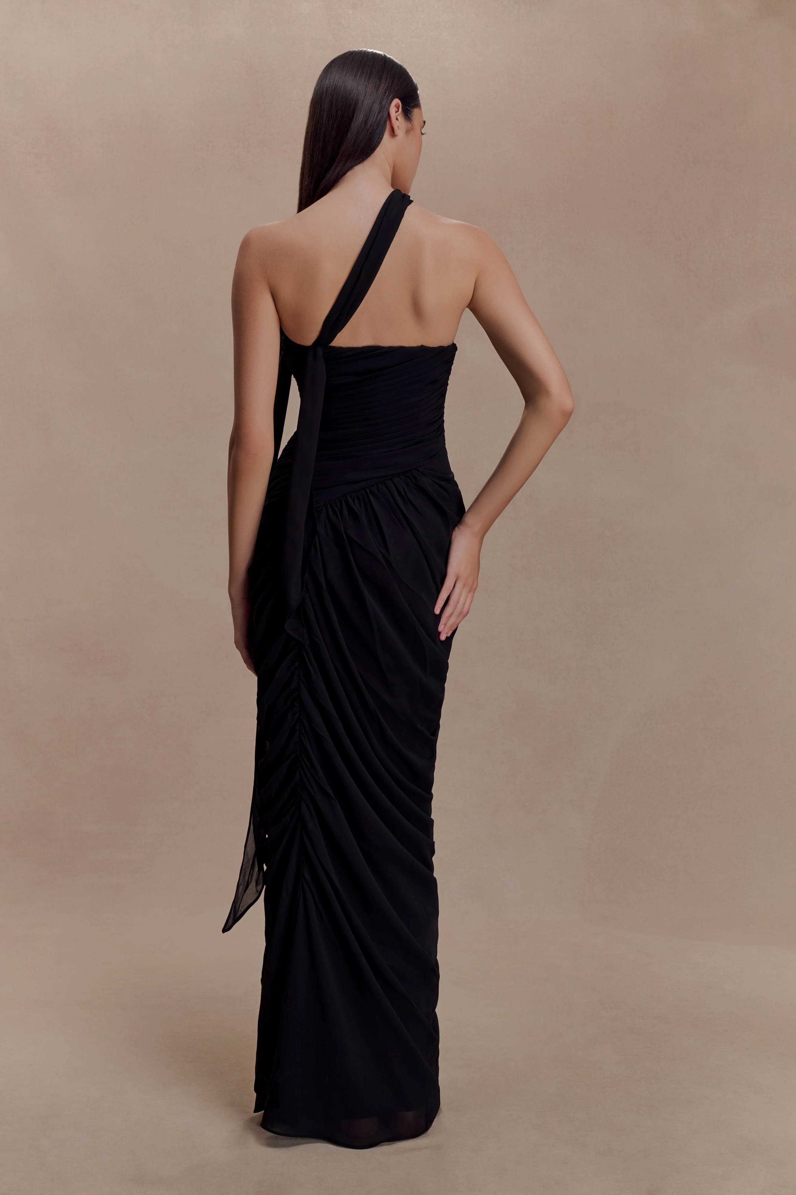 Micaela Chiffon Gathered Maxi Dress - Black