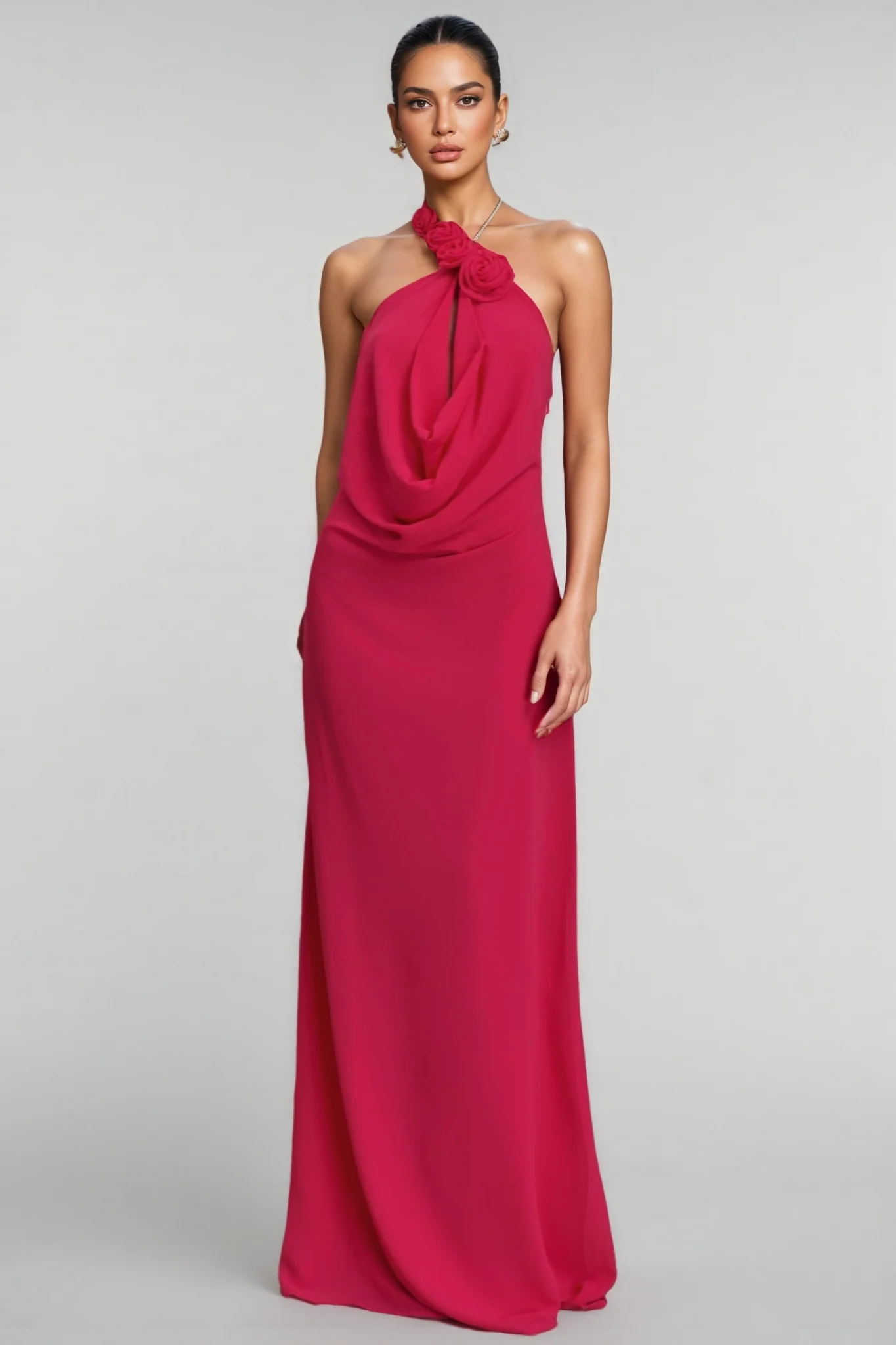 Penel Cowl Neck 3D Flower Maxi Dress