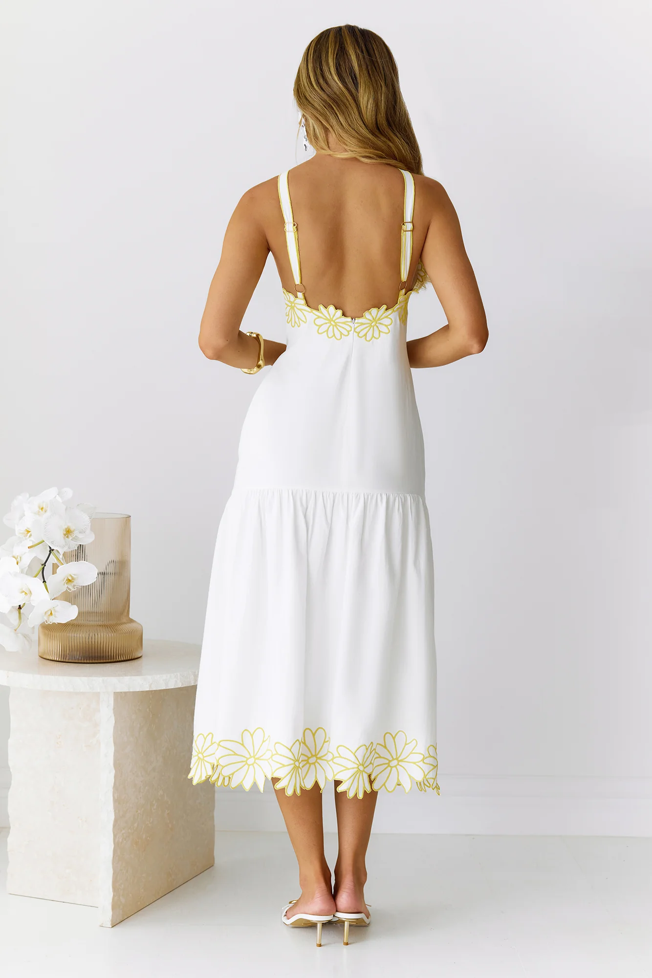 Golden Petals Midi Dress White - luluinthesky