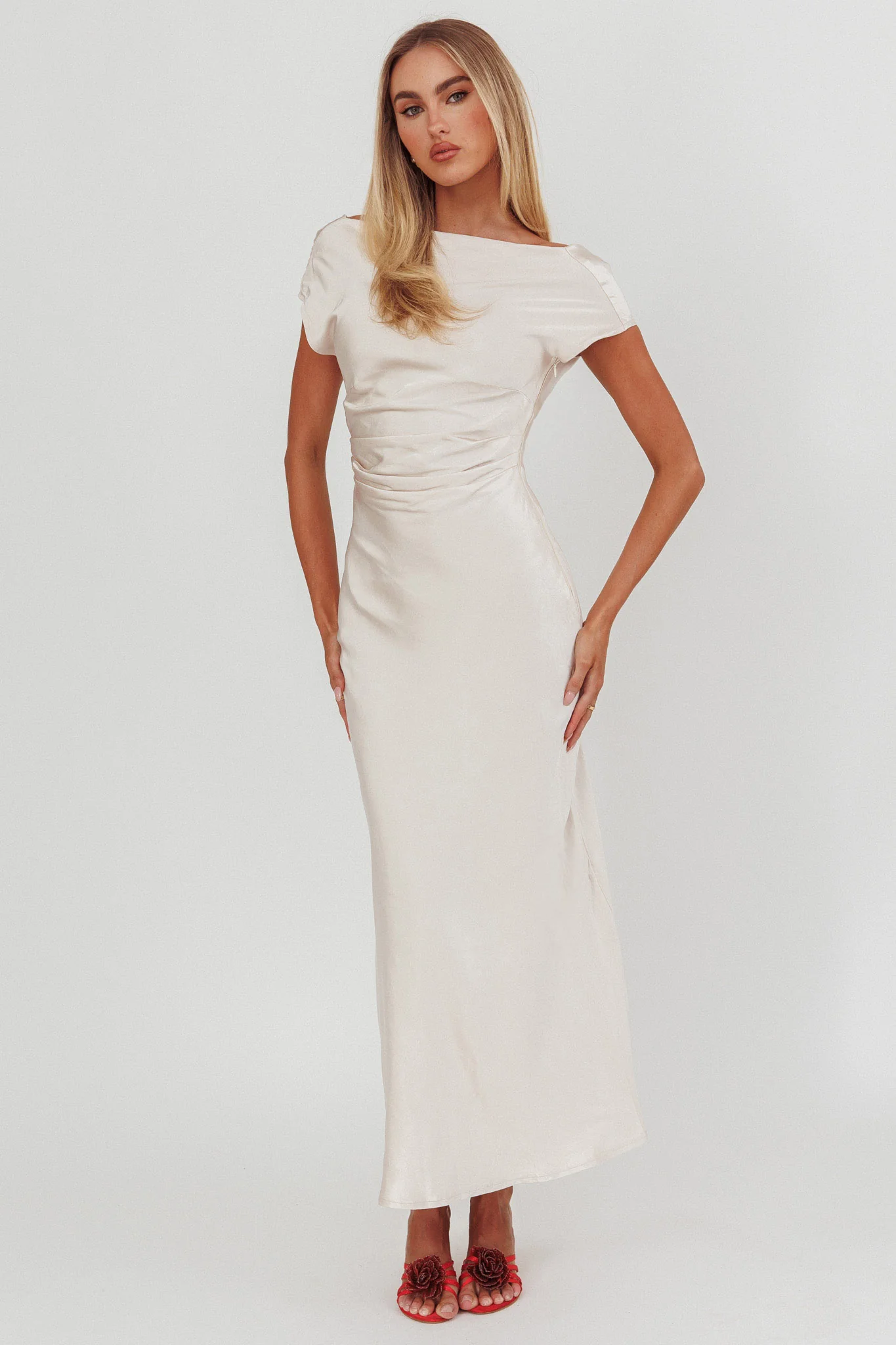 Loveland Cap Sleeve Cowl Back Midi Dress Champagne - luluinthesky