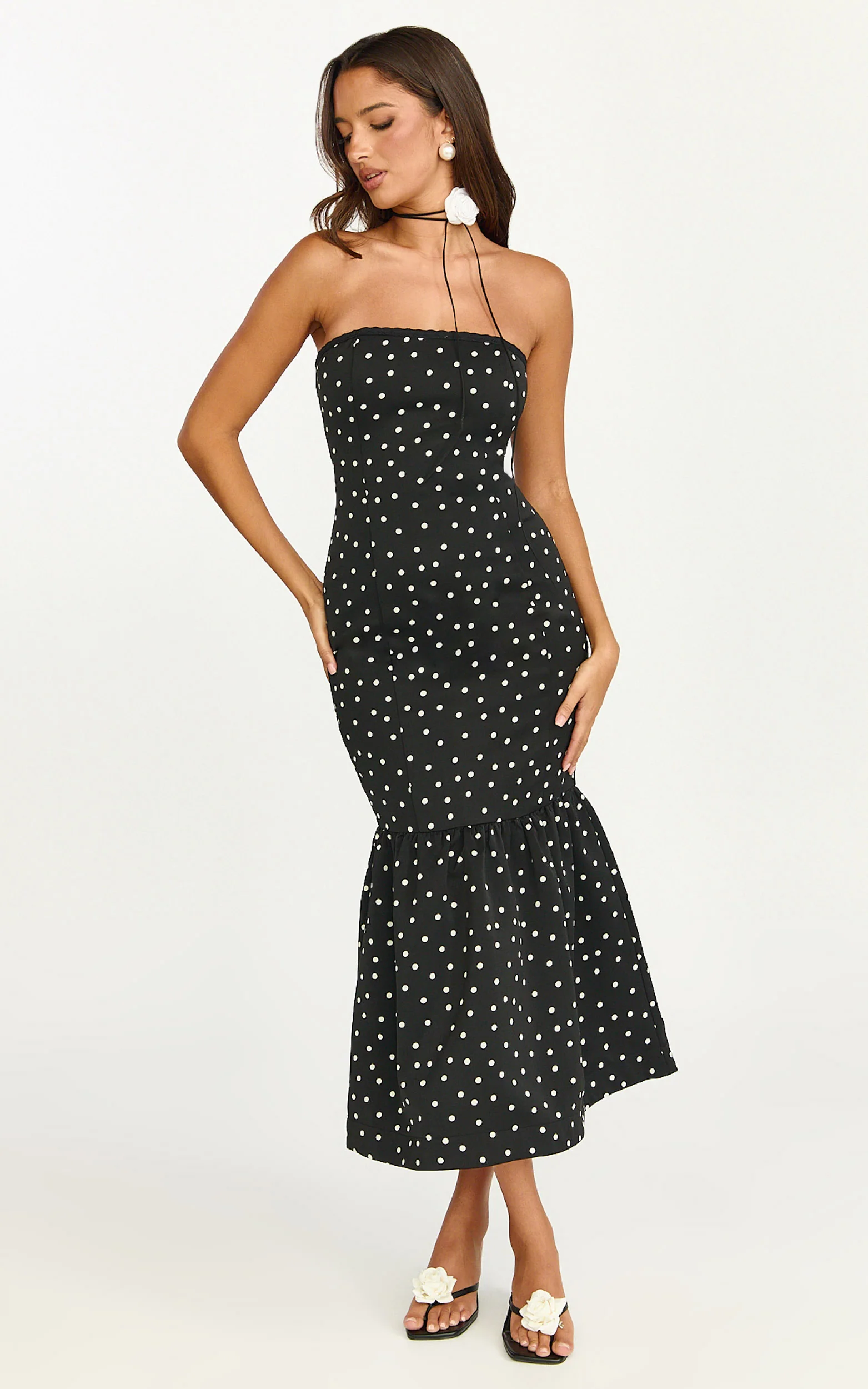 Seraphina Midi Dress - Polka Dot Strapless Lace Neck Gathered Mermaid Skirt Dress in Black Polka Dot