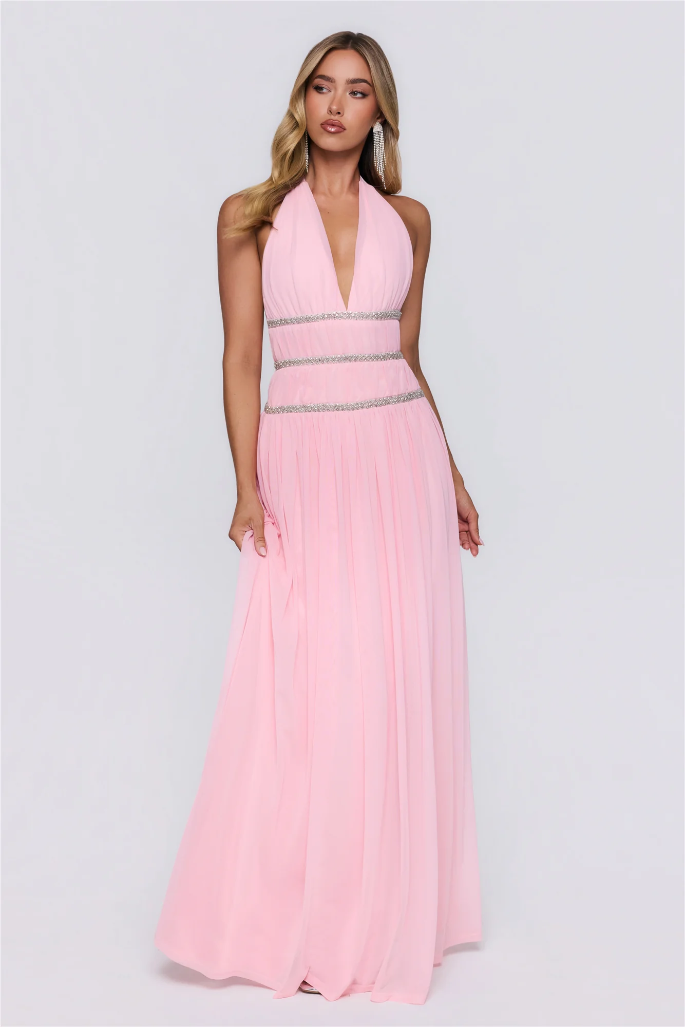 Summer Sparkle Mesh Halter Maxi Dress Pink