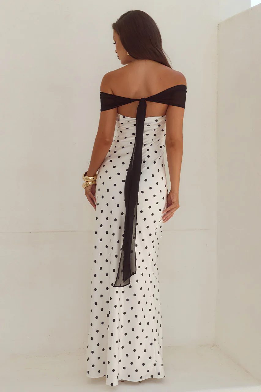 KADIE OFF SHOULDER MAXI DRESS - WHITE/BLACK POLKA
