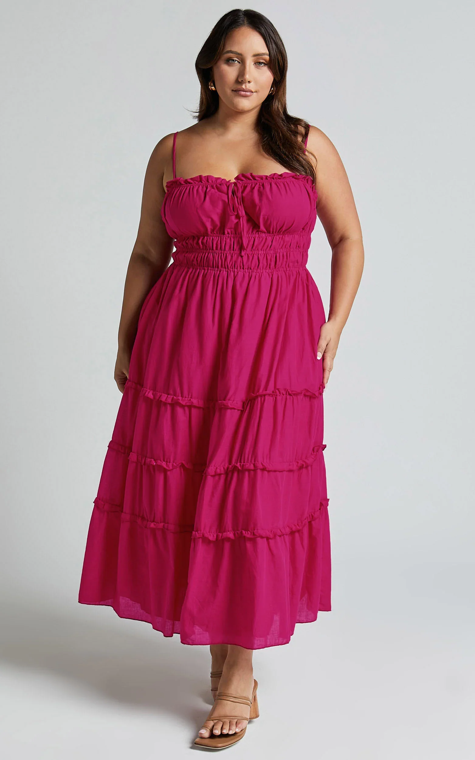Schiffer Midi Dress - Strappy Ruched Tie Front Tiered Dress in Raspberry