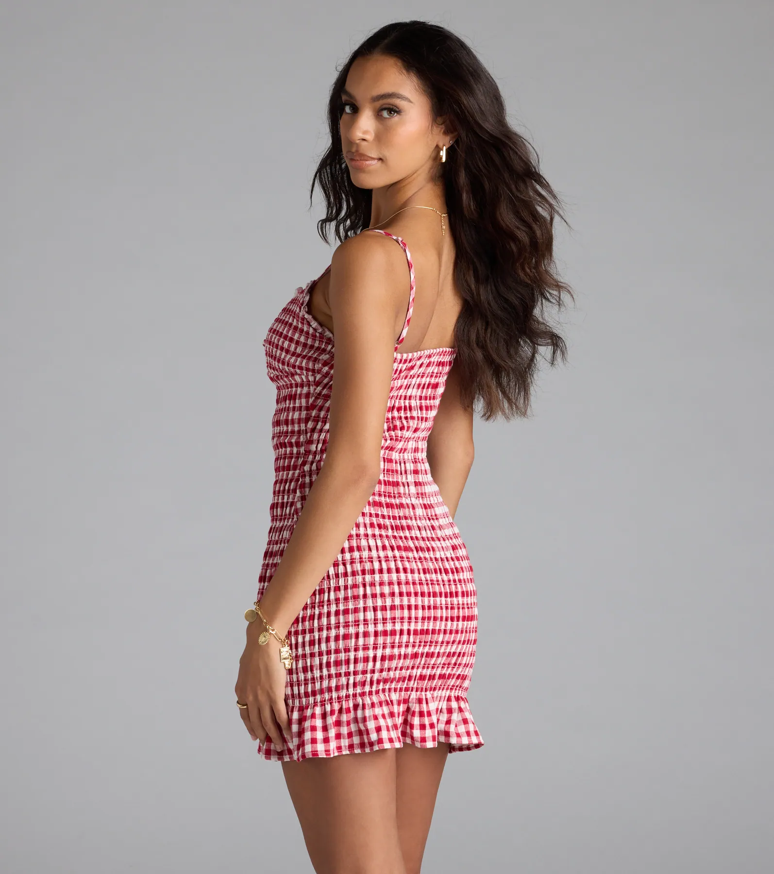 Girly Gingham Print Ruffled Mini Dress