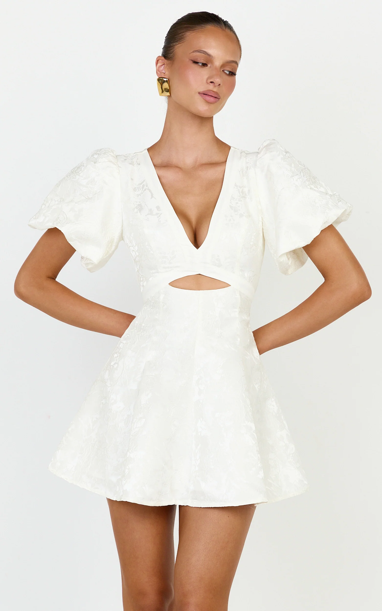 Rosalie Mini Dress - Floral Jacquard V Neck Fit and Flare Dress in White