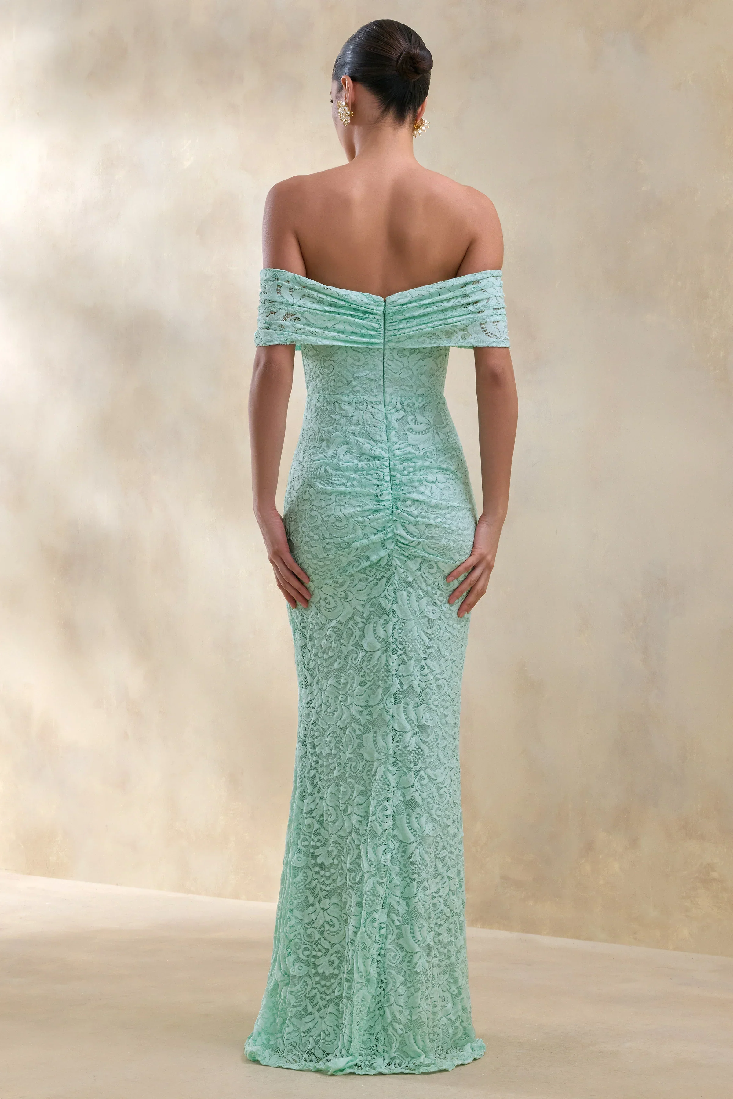Aries | Mint Lace Bardot-Neck Maxi Dress With Gathered Detailing