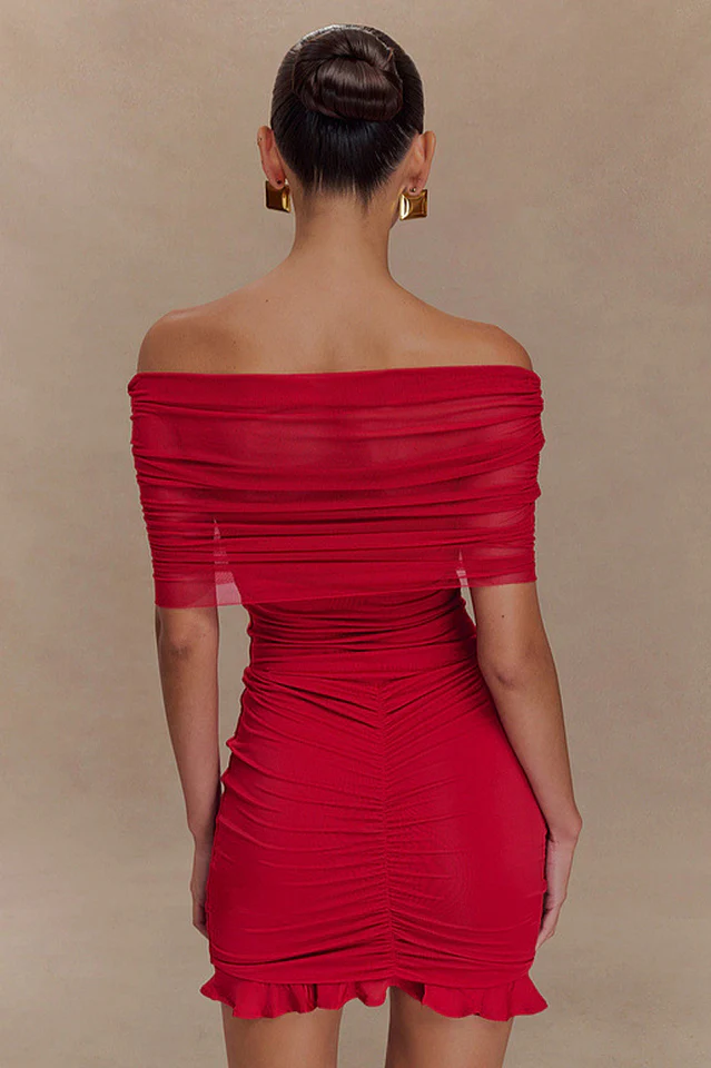 Slinky Off Shoulder Mesh Mini Dress