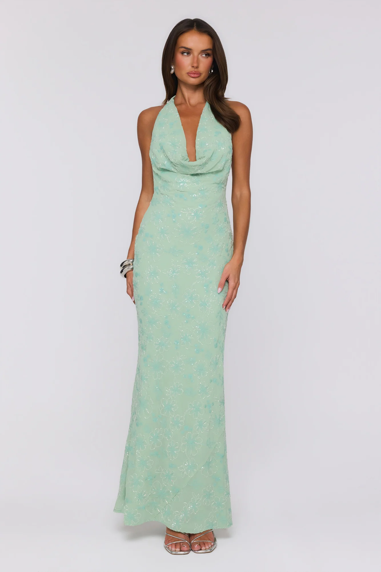 Bling It Babe Beaded Halter Maxi Dress Sage