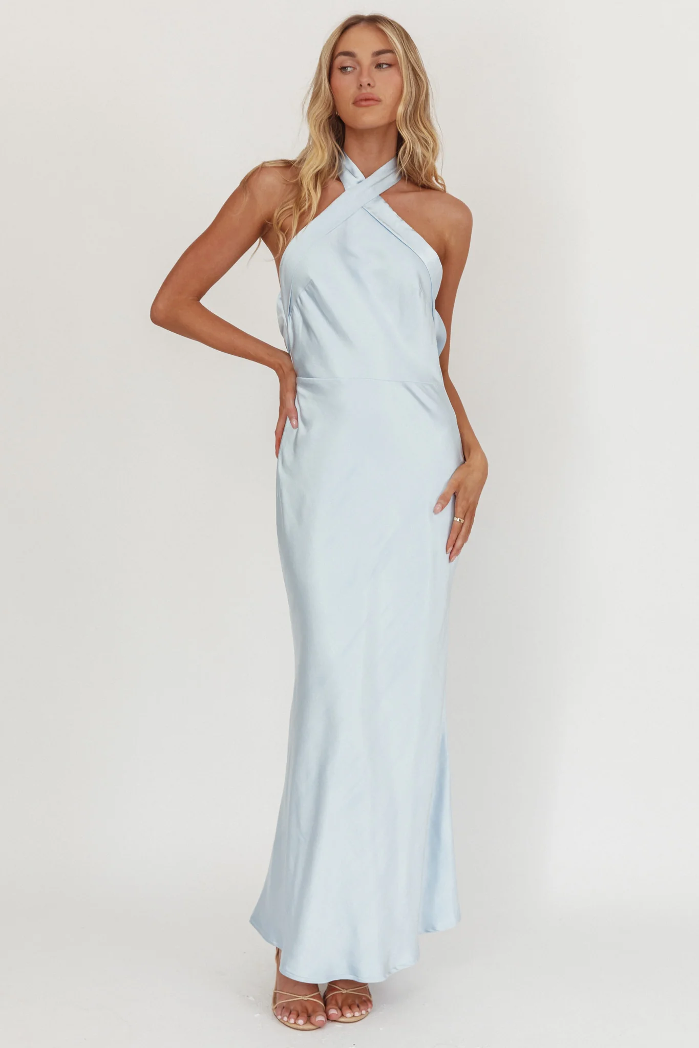 Italia Azure Crossover Halterneck Maxi Dress Ice Blue