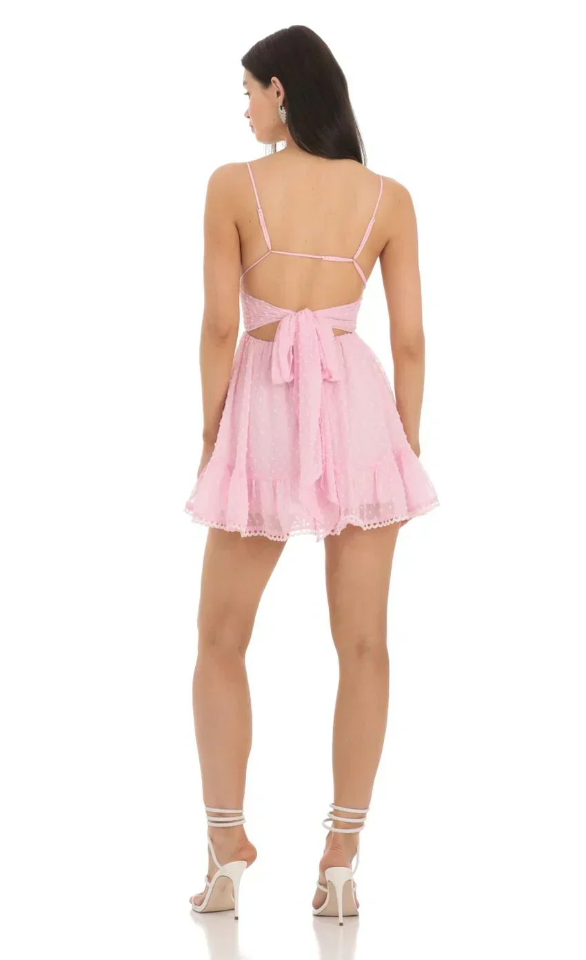 Dotted V-Neck A-line Dress in Pink