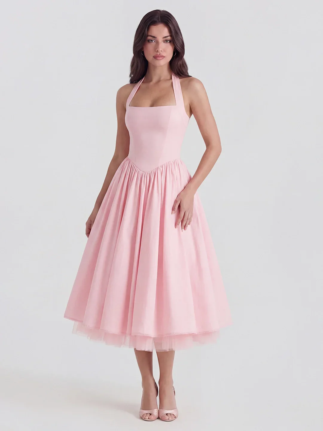 Lace-Up Halter Midi with Exposed Tulle Hem