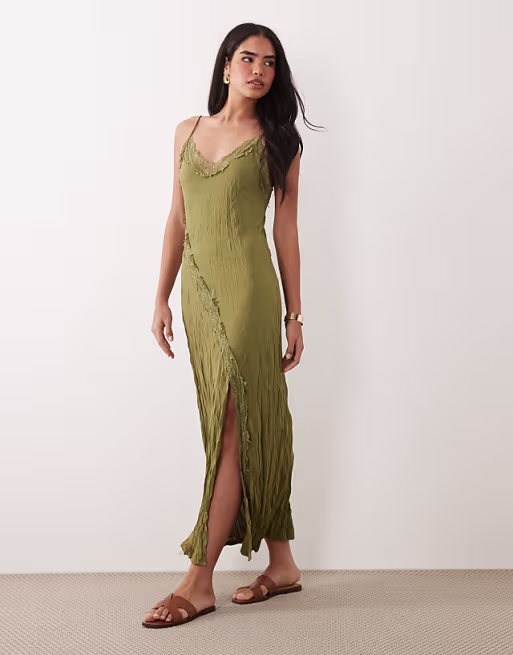 crinkle lace trim maxi dress in khaki green
