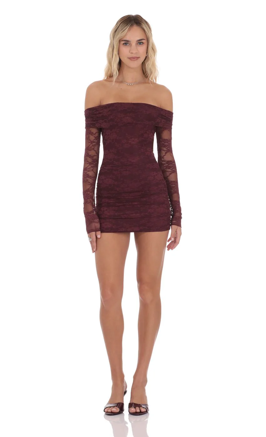 Off Shoulder Long Sleeve Lace Dress in Burgundy - luluinthesky