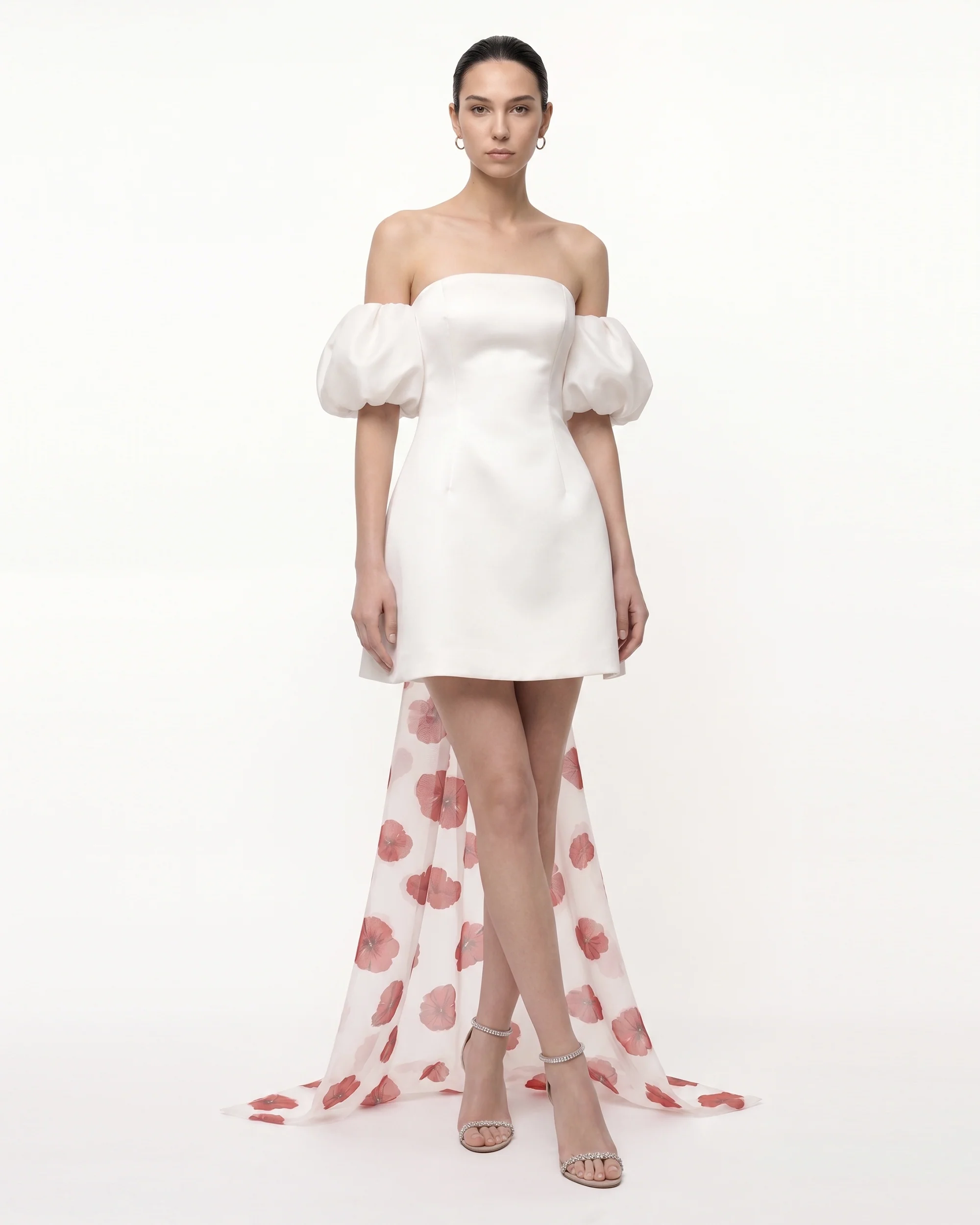 3D Floral Corn Poppy Puff-Sleeve Mini Dress with Train - Ivory - FASHION NOB