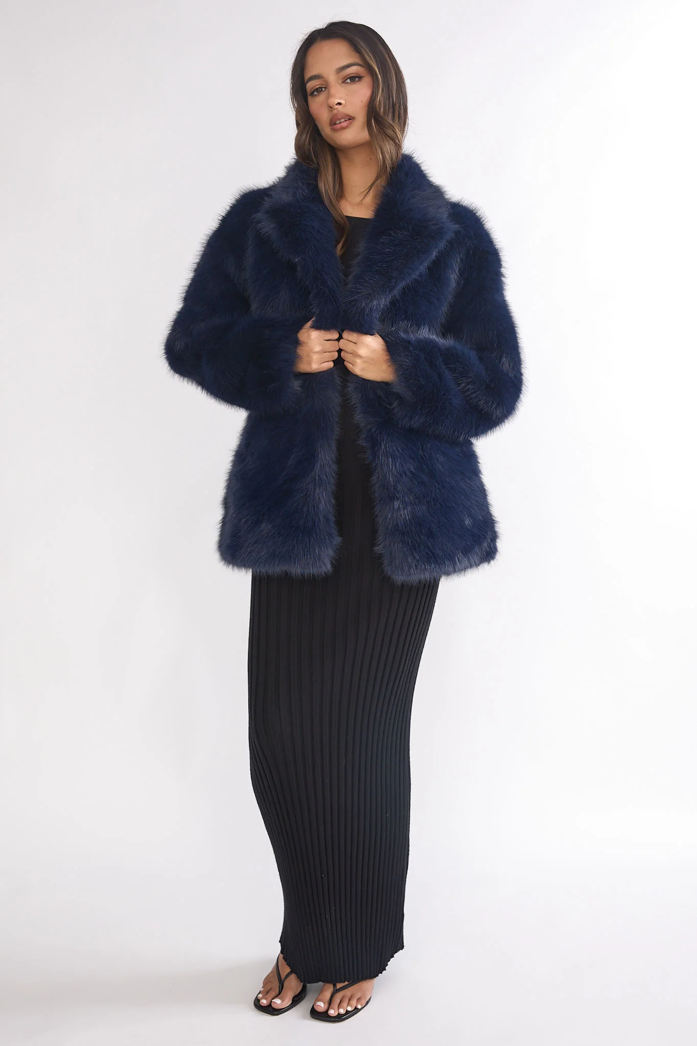 Rilani Faux Fur Pocket Coat Navy