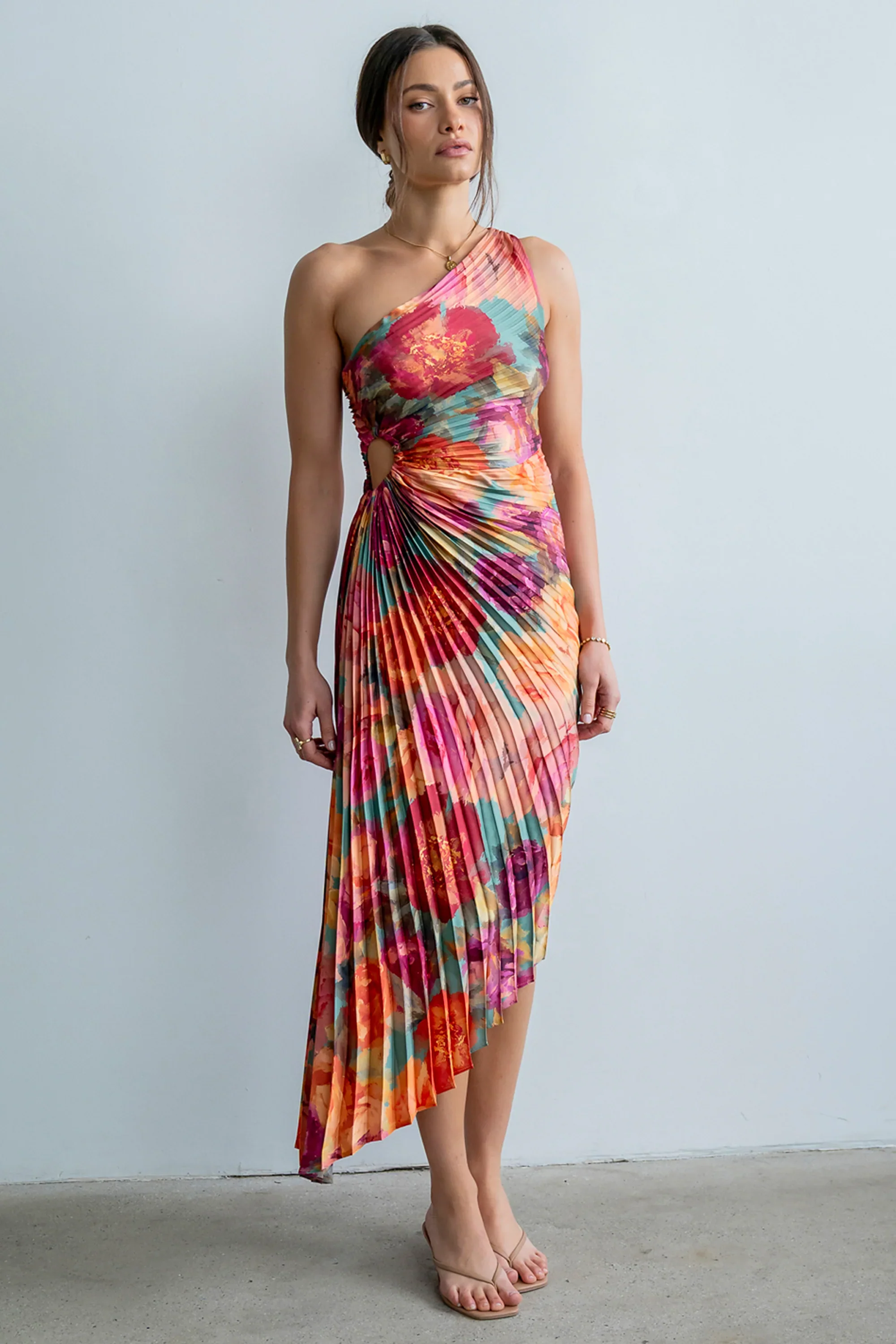 Asymmetrical Pleated Maxi Dress in Multi