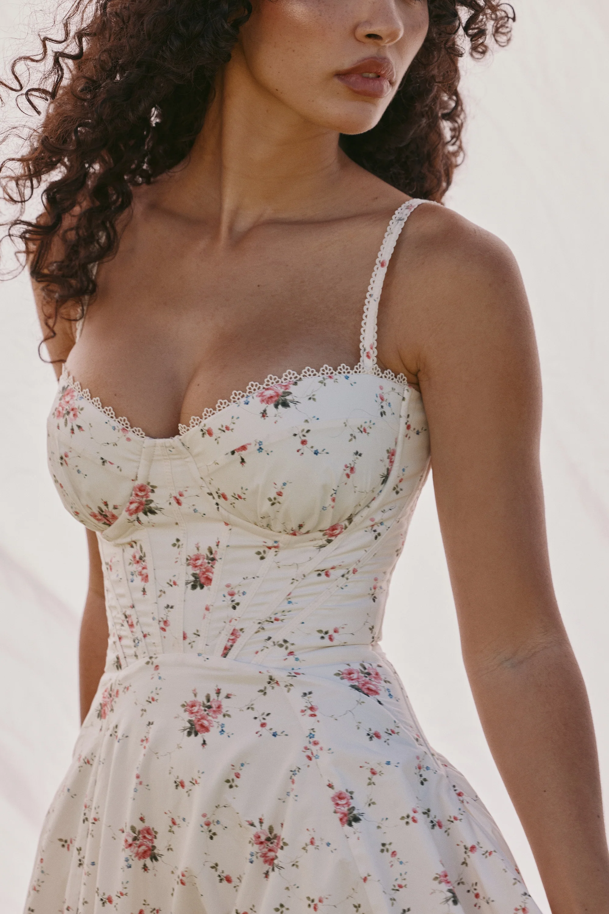 white stretch cotton rose print midi sundress