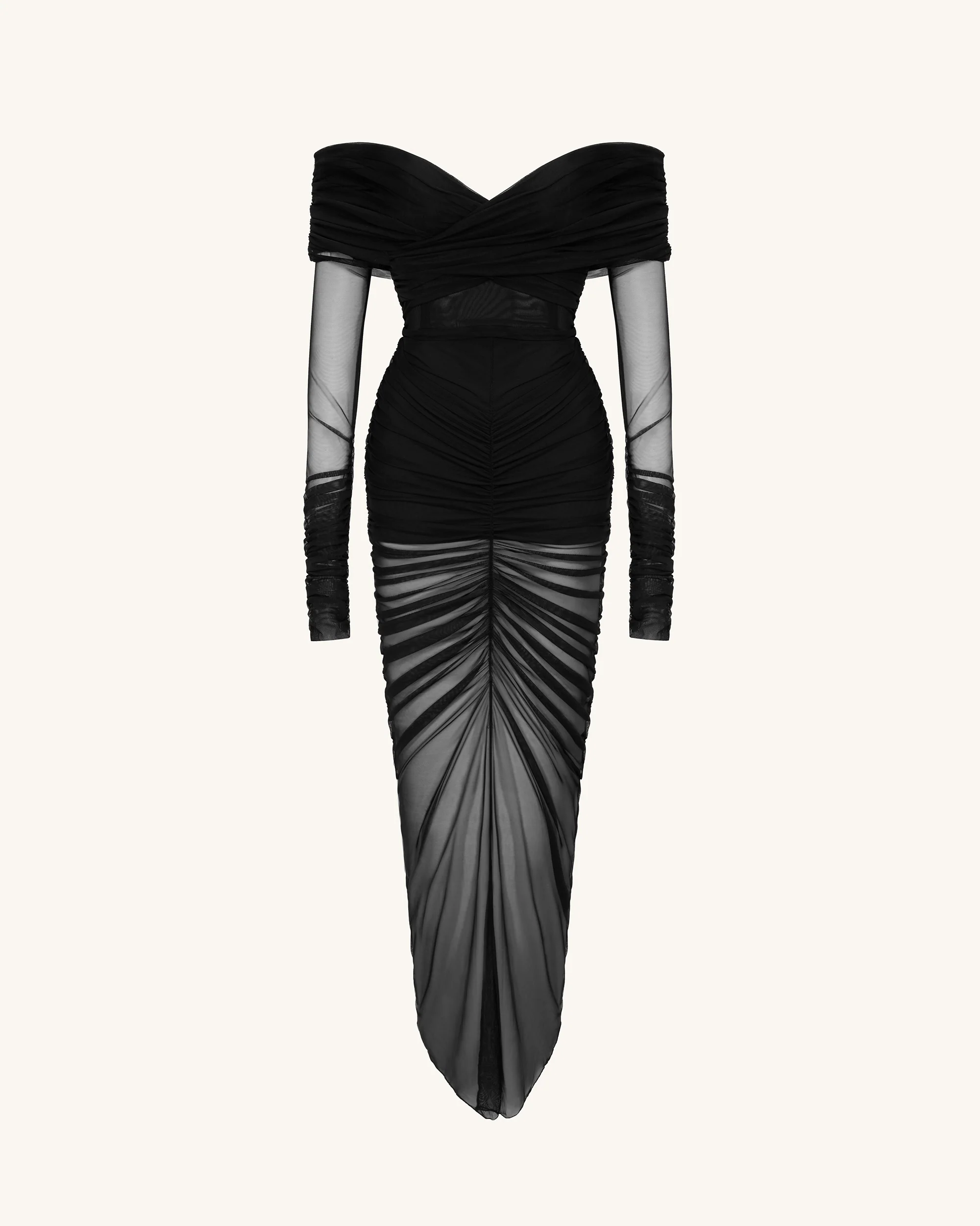 Emily Elegant Off-Shoulder Ruched Gown - Black - FASHION NOB