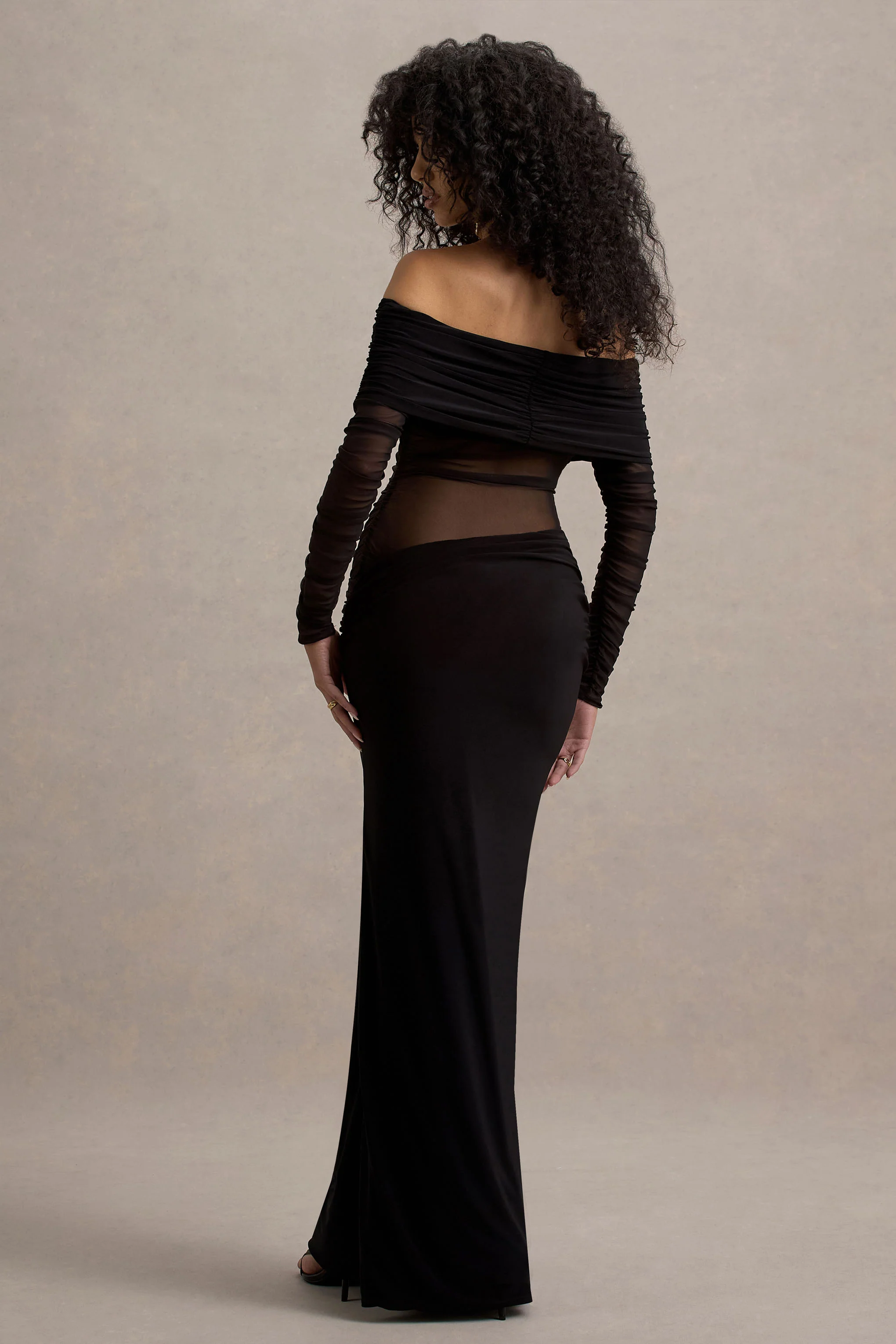 Belamour | Black Semi-Sheer Bardot Gathered Maxi Dress