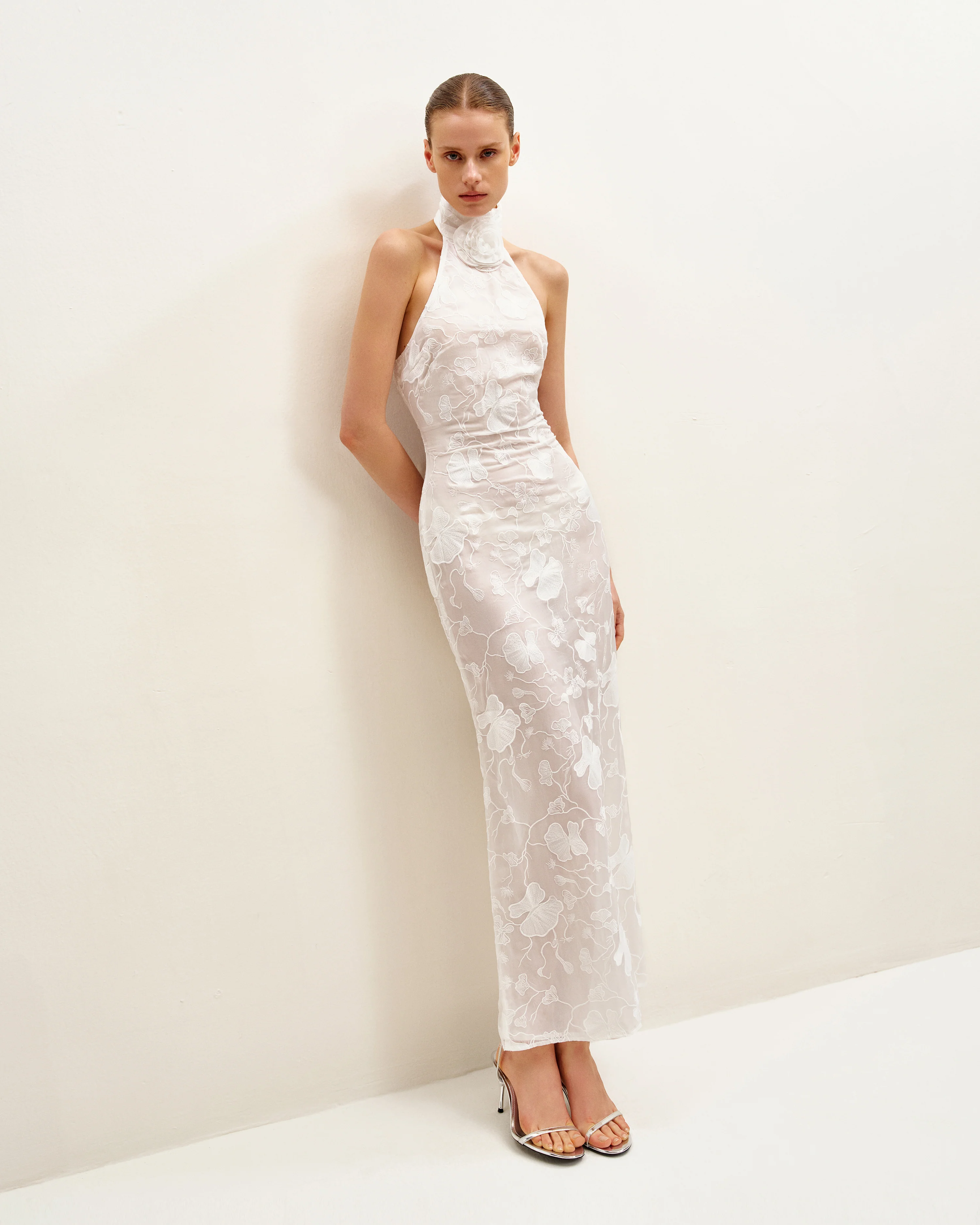 Uliana White Floral Lace Halterneck Maxi Dress - White - FASHION NOB