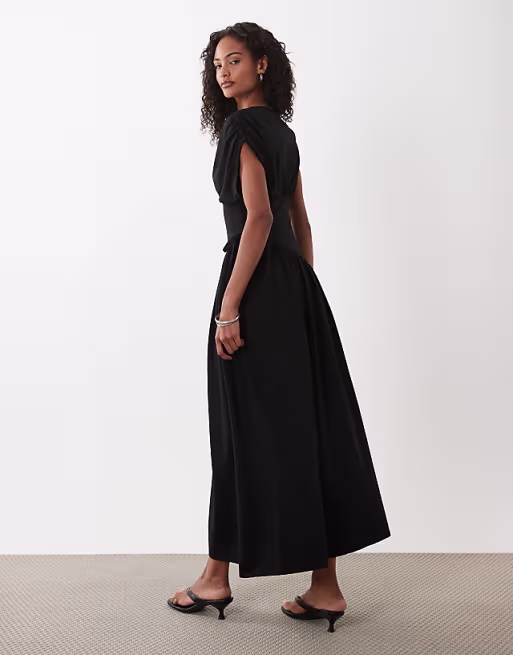 plunge waist detail midi dress in black