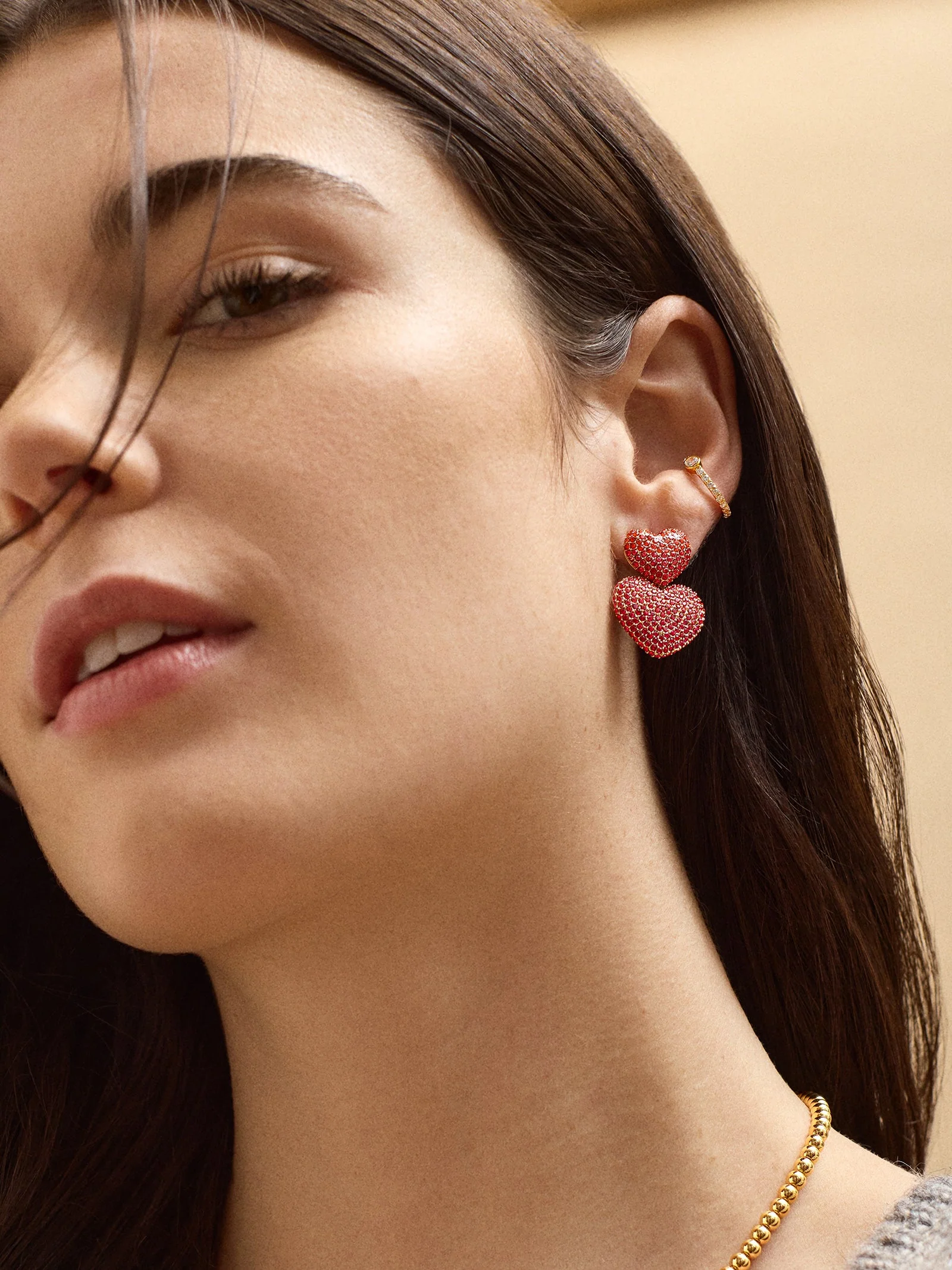 Harley Statement Earrings - Double Red Pavé Heart Earrings