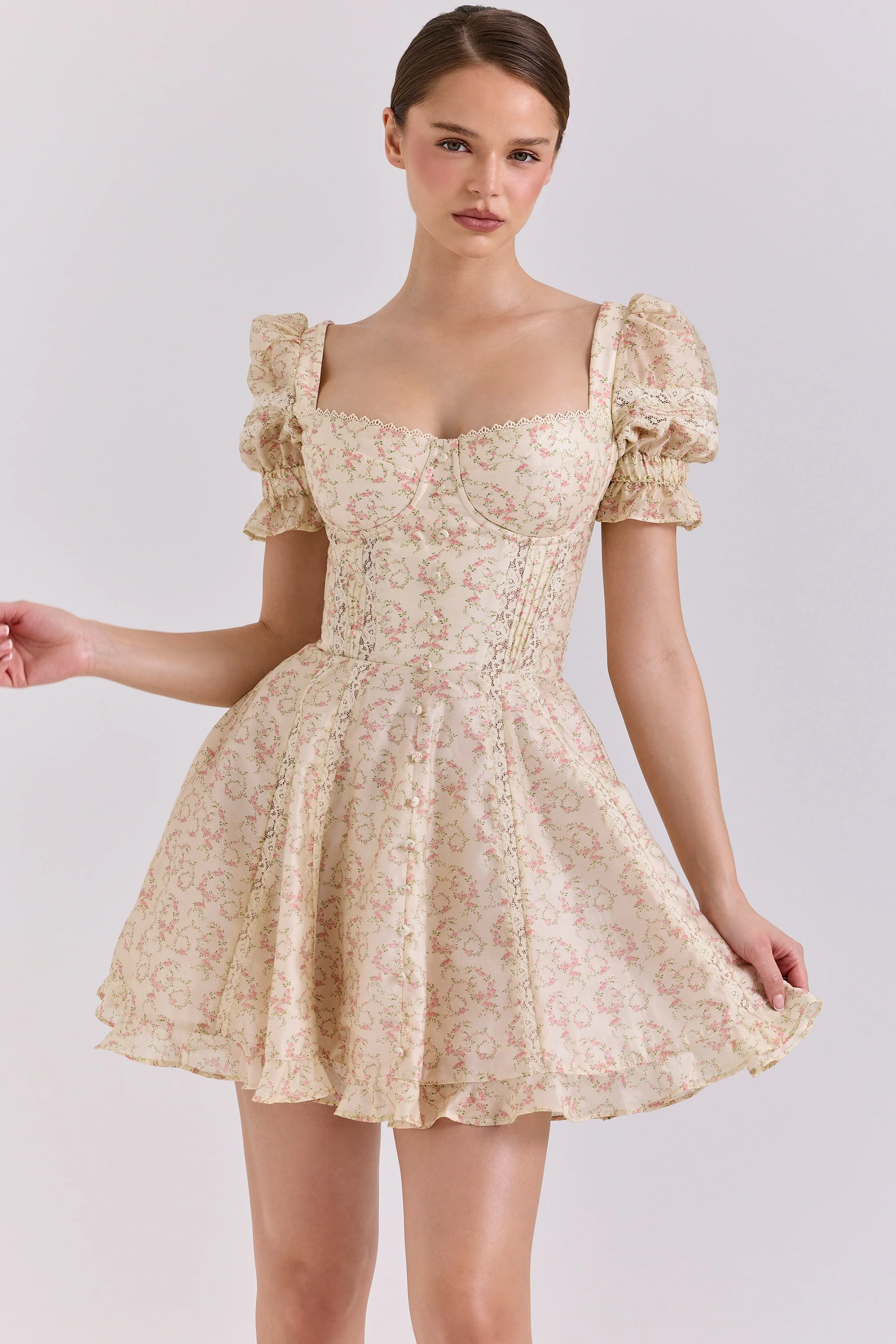 cream floral print chiffon puff sleeve mini dress