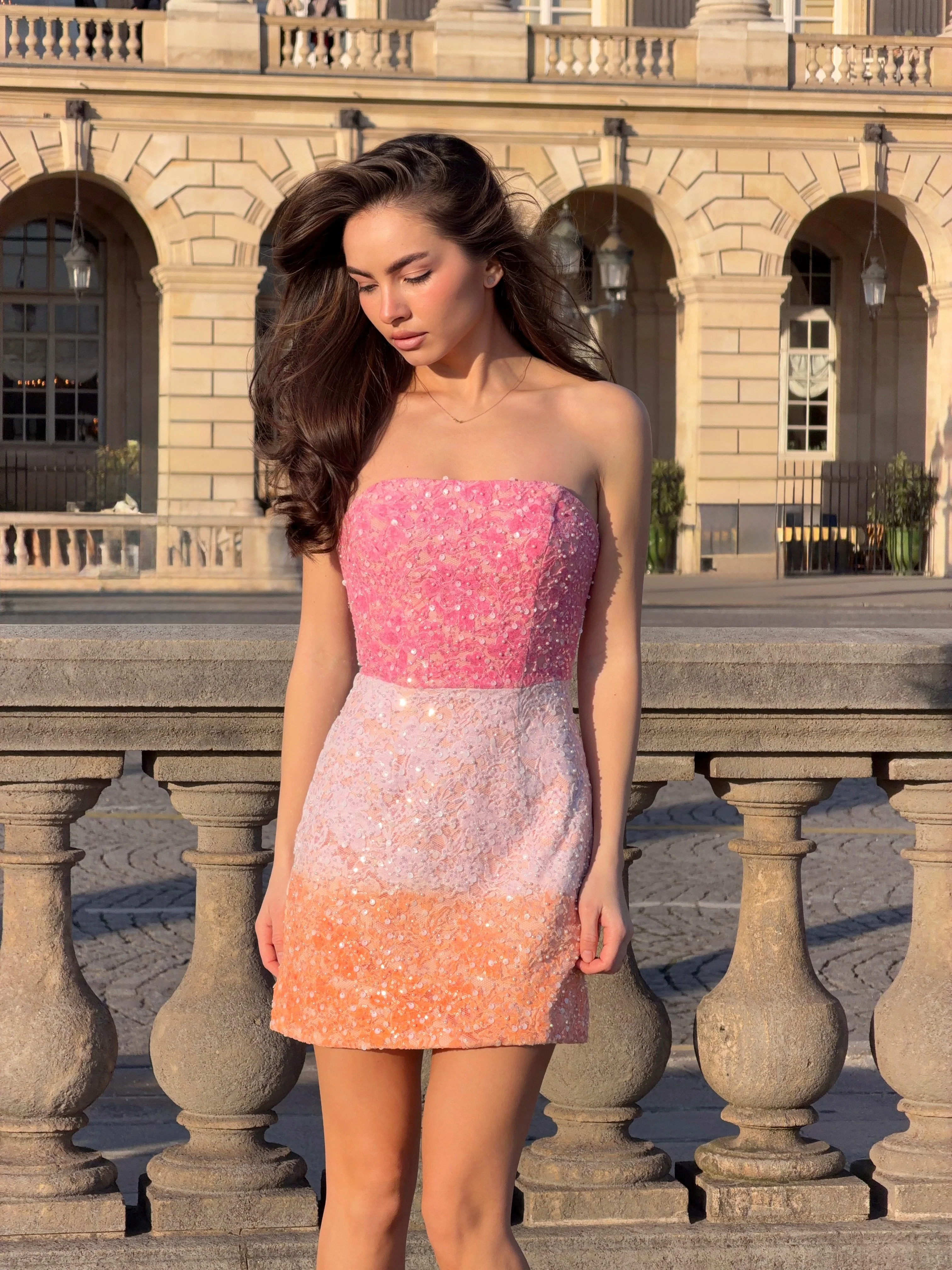 Lumira Sequin Lace Mini Dress in Pink Ombre