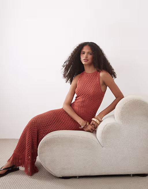 Mango Teen knit sleeveless maxi dress in rust