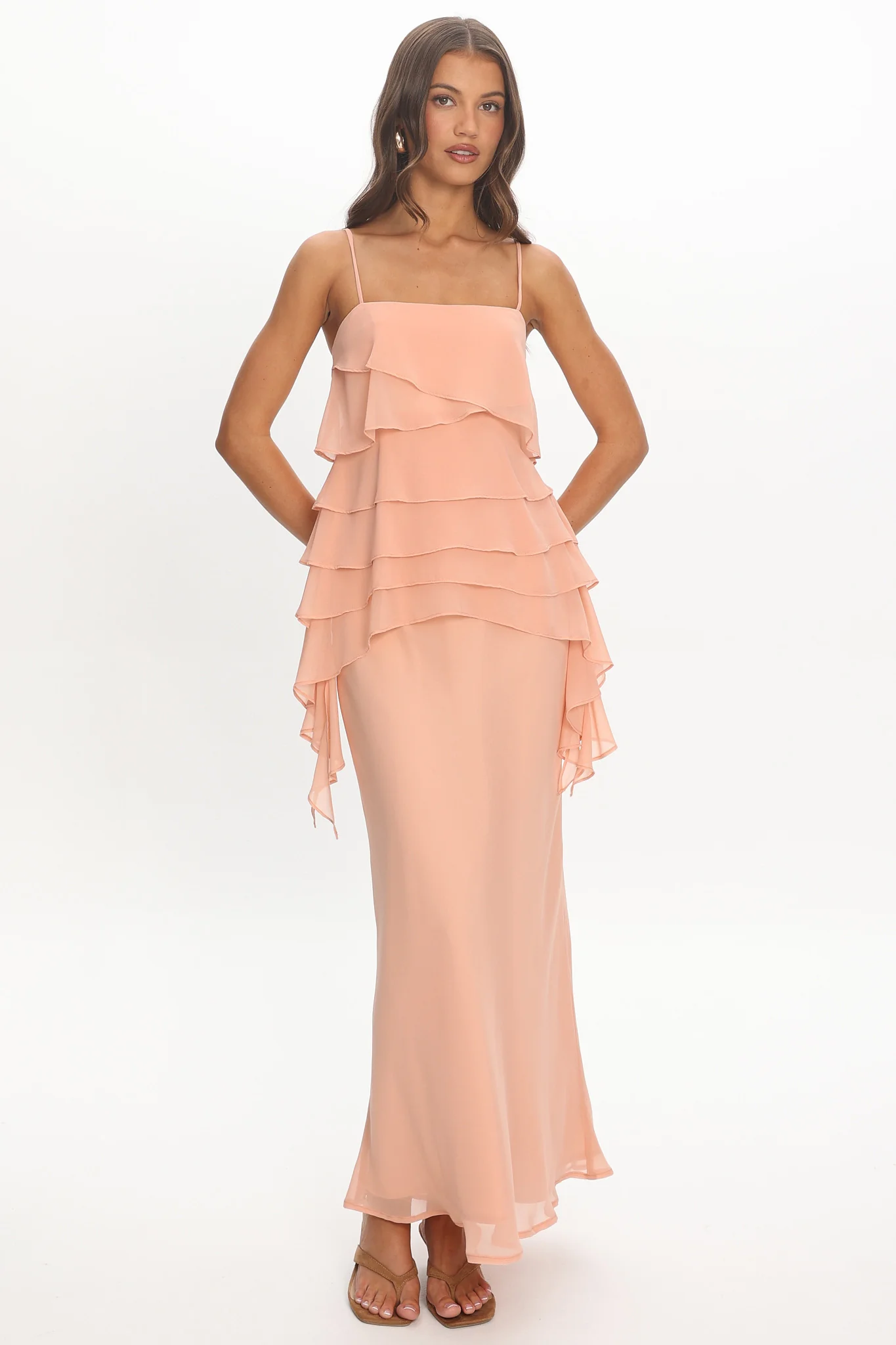 Olita Tiered Ruffle Slip Maxi Dress Apricot - luluinthesky