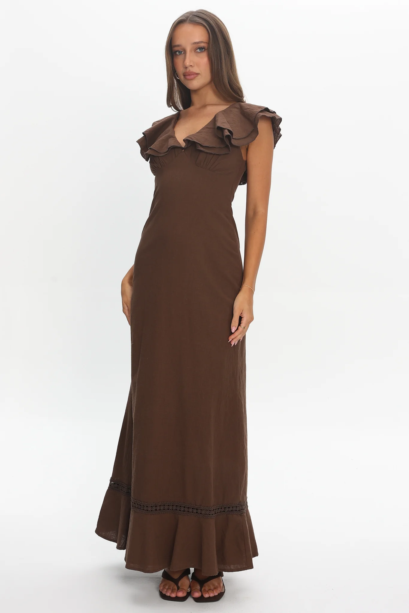 Anohana Ruffle Maxi Dress Chocolate - luluinthesky